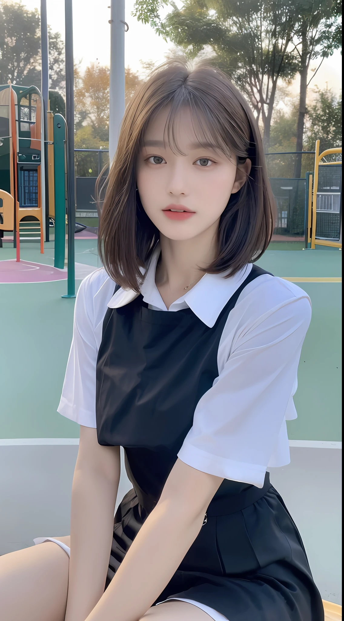 ((Best Quality, 8K, Masterpiece:1.3)), Focus:1.2, Perfect Body Beauty:1.4, ((Layered Haircut, )) , (Sitting on the Playground), JK Uniform, Highly Detailed Face and Skin Texture, Fine Eyes, Double Eyelids, Whitening Skin, Long Hair, (Shut Up: 1.3),