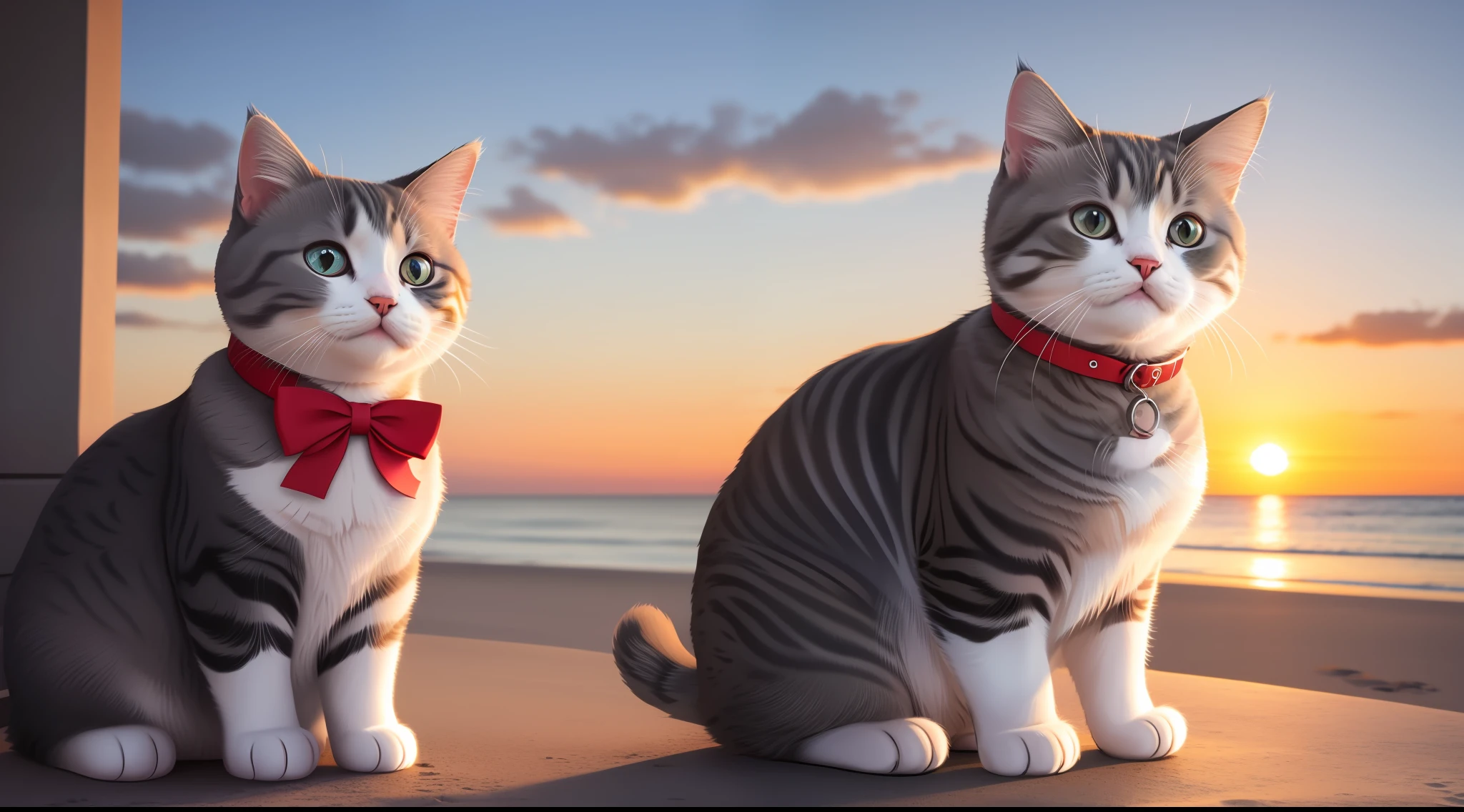 chubby and cute cat by the sea, sunset, beautiful, super detailed, realistic, 4K, gray coat, British breed, with a bow around the neck