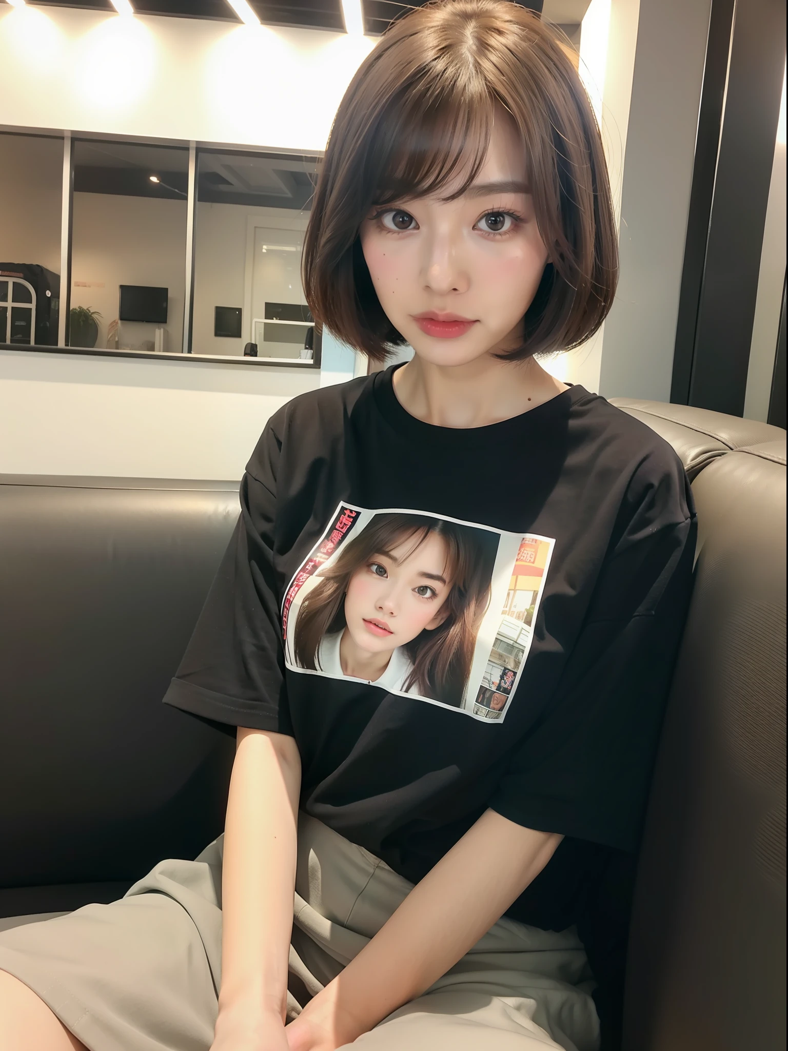 High Quality Fashion Photos, (8k: 1.27), (Top Quality, Masterpiece, Ultra High Definition: 1.2), (1 girl:1.8), (Solo:1.8), (Wearing a cute illustrated T-shirt: 1.8), (She is sitting on the couch: 1.6), (Wearing a black T-shirt: 2), Suzu Hirose, Japan actress, Instagram photos, street snaps, high school students, Cute Japan women (beautiful: 1.1), t-shirts, oversized t-shirts, (big t-shirts: 2), photo t-shirts, heavyweight t-shirts, highly detailed face and skin textures, delicate eyes, double eyelids, whitening skin, short hair, short hair, Japan streetwear, oversized t-shirts, brown hair, skirts,