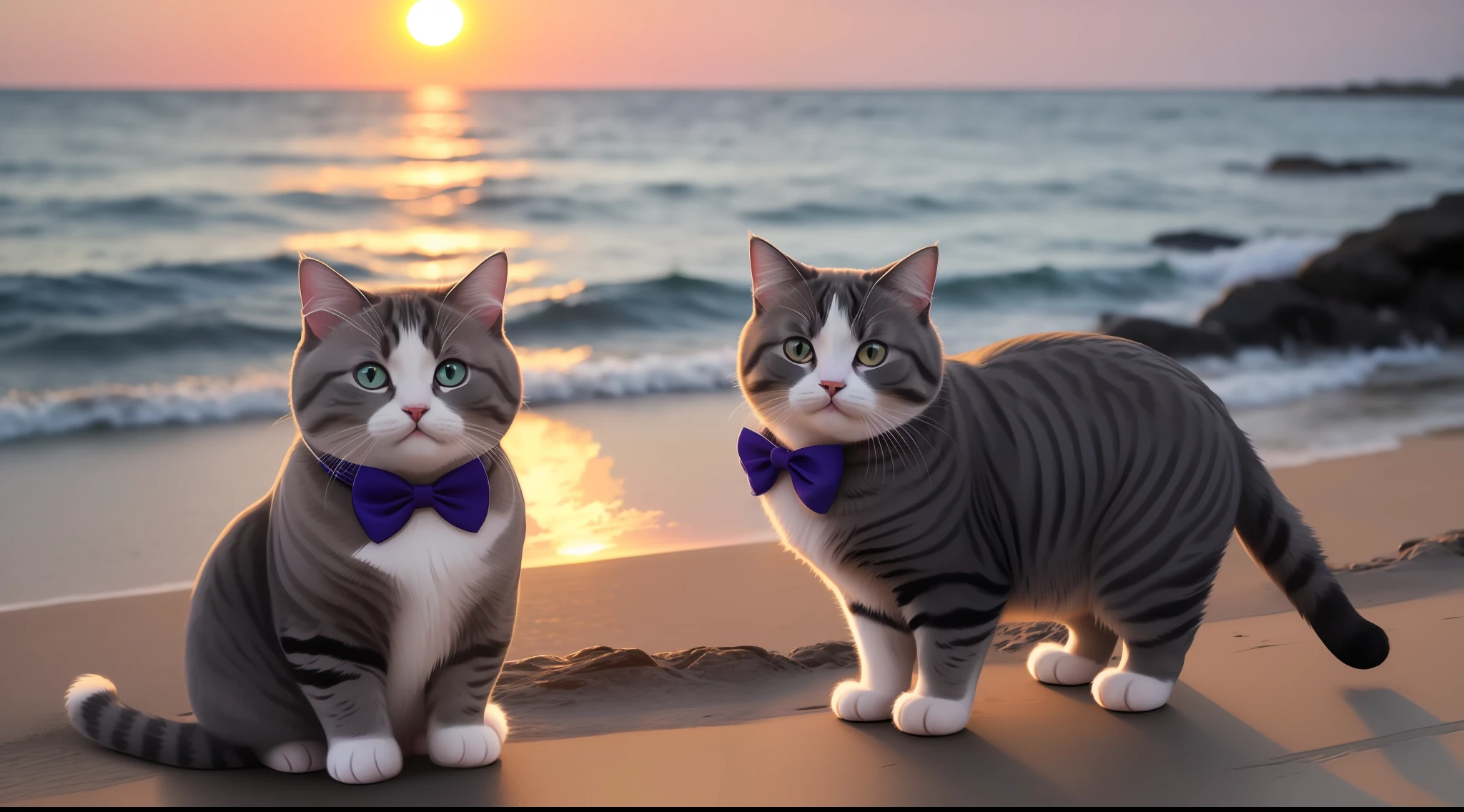 chubby and cute cat by the sea, sunset, beautiful, super detailed, realistic, 4K, gray coat, British breed, with a bow around the neck