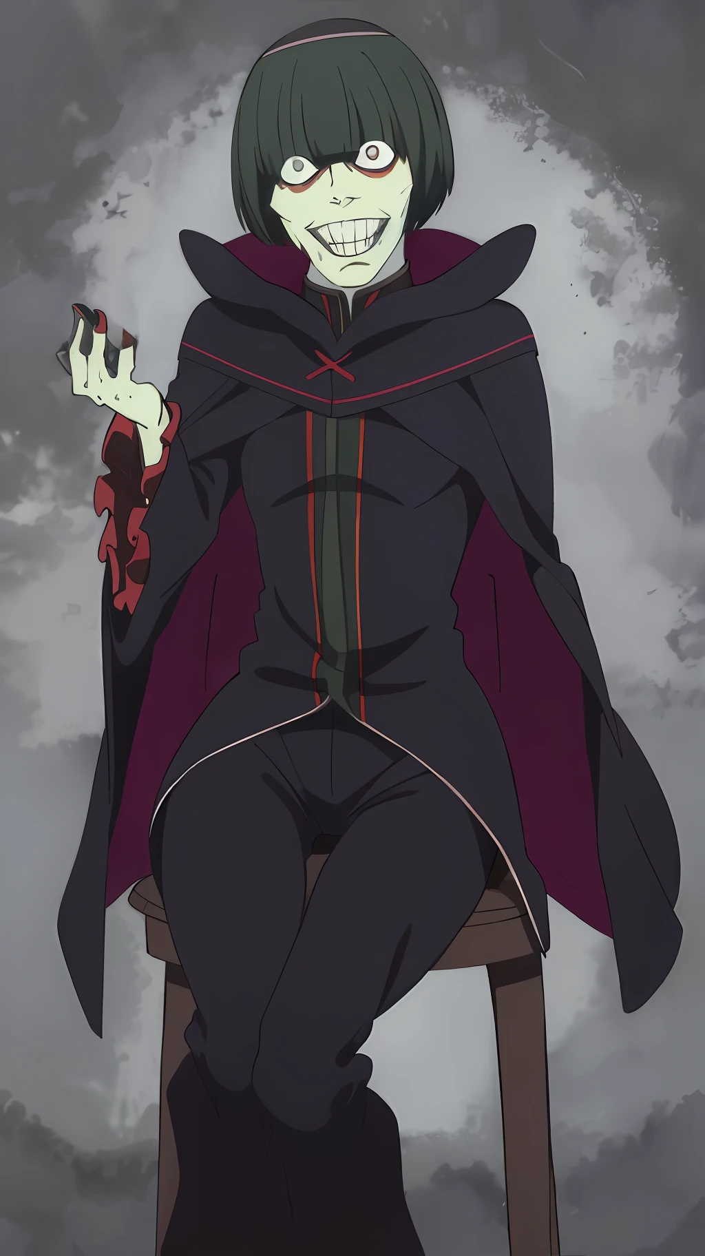 best quality, highres, ultra-detailed, Petelgeuse, dark robe, 1boy, bangs, green hair, short hair, teeth, solo, wide eyes, dark pants, cape, sitting in real chair, smile, happy, dark background,with fog