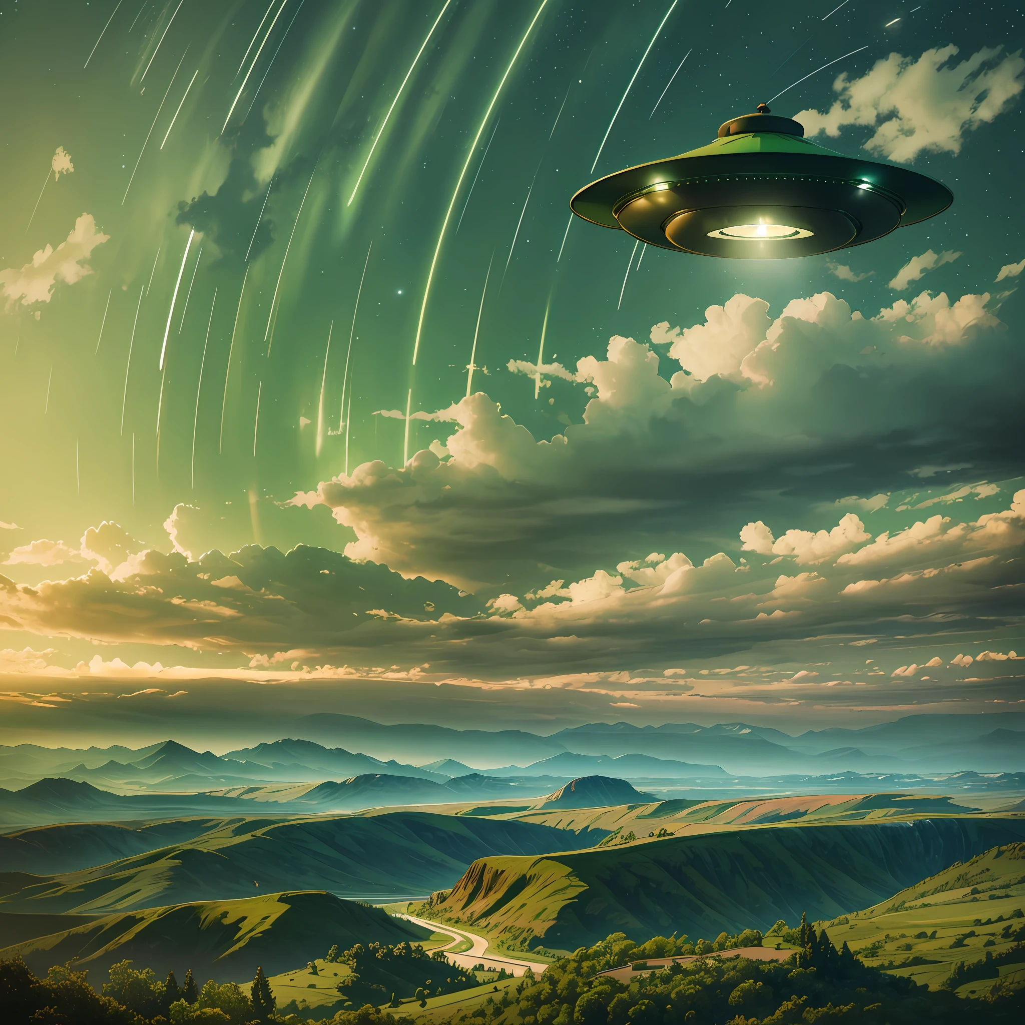 A flying saucer in the green colored sky in the background a beautiful landscape painted by 16th century 8k artists, uhd, severe low lighting, high quality, sharp focus, fujifilm XT3 --auto --s2