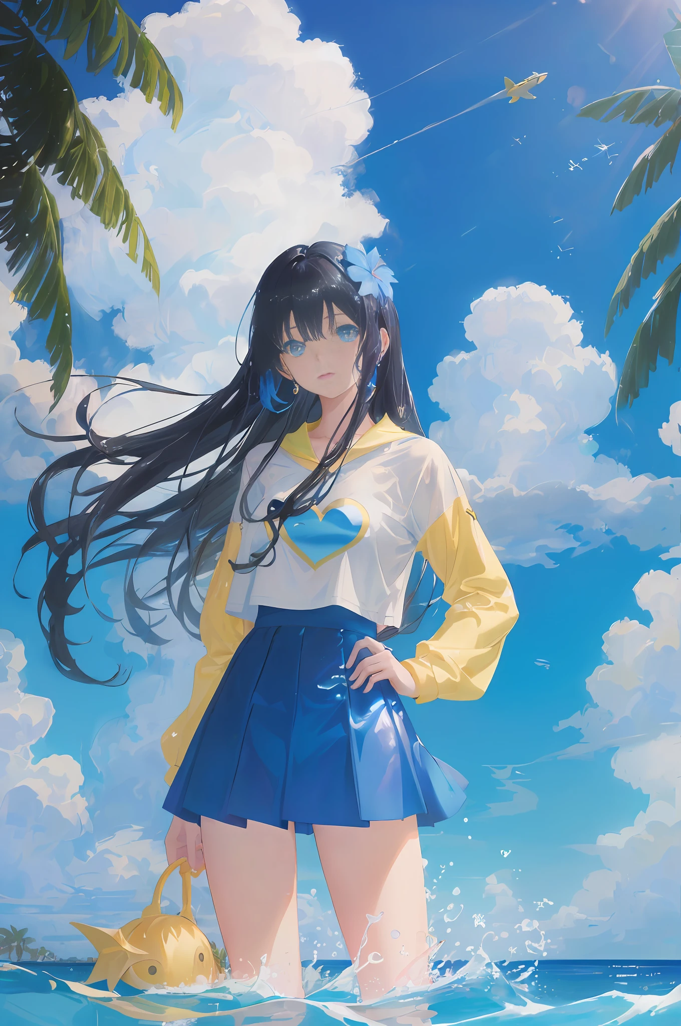 art by Cornflower, dreamy, (A beautiful, teenaged, anime-style girl with blue eyes and long, black hair, wearing a pale yellow, shiny, long-sleeved, open-chest, long skirt swimming suit with a pink, white, and yellow, heart on it is posing with her hands on her hips, in front of a beach and a bright, blue sky with clouds in it, there are palm trees in the background on both sides of the picture, and there are lots of blue and yellow fish swimming in the ocean, and there is a police helicopter with lights on it flying over the girl)