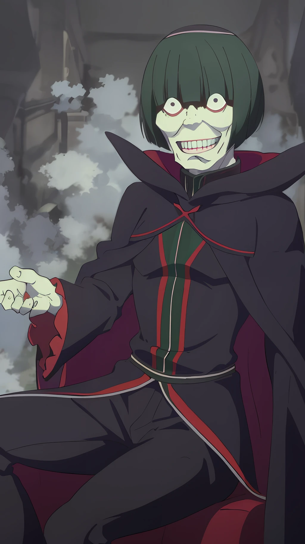 best quality, highres, ultra-detailed, Petelgeuse, dark robe, 1boy, bangs, green hair, short hair, teeth, solo, wide eyes, dark pants, cape, sitting in real chair, smile, happy, dark background,with fog