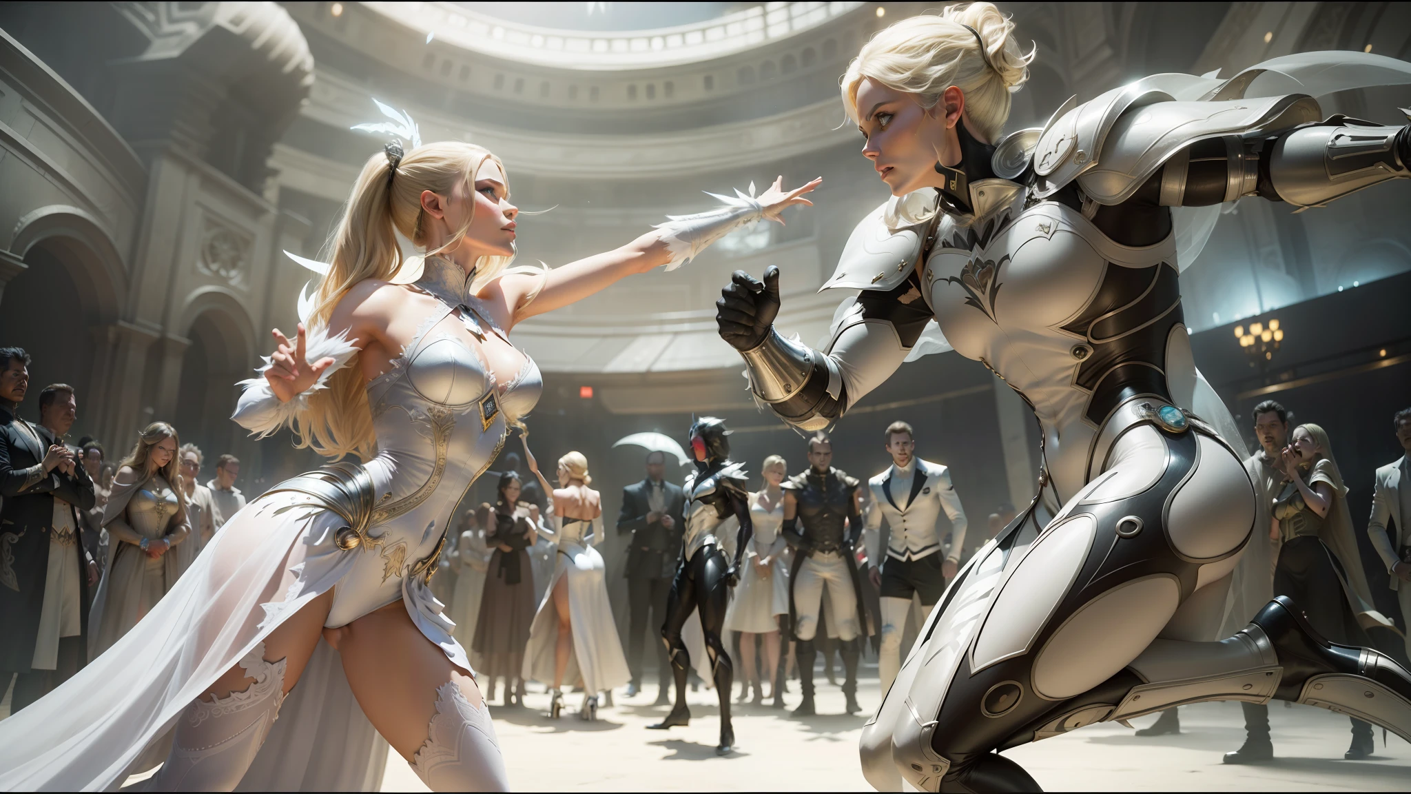 there is a woman in a dress standing next to a robot, abbey lee kershaw as emma frost, background: battle scene, fulldome, people dancing in background, jennifer lopez, promotional photograph, kylie minogue, astral dress, protagonist in foreground, fairy dancing, inspired by Heinrich Kley, still image from the movie, fantasy leather clothing, tekken, cgsociety 9, imax hd --ar 16:9 --auto --s2