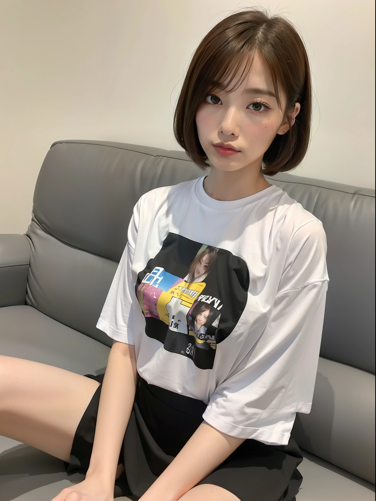 High Quality Fashion Photos, (8k: 1.27), (Top Quality, Masterpiece, Ultra High Definition: 1.2), (1 girl:1.8), (Solo:1.8), (Wearing a cute illustrated T-shirt: 1.8), (She is sitting on the couch: 1.6), (Wearing a black T-shirt: 2), Suzu Hirose, Japan actress, Instagram photos, street snaps, high school students, Cute Japan women (beautiful: 1.1), t-shirts, oversized t-shirts, (big t-shirts: 2), photo t-shirts, heavyweight t-shirts, highly detailed face and skin textures, delicate eyes, double eyelids, whitening skin, short hair, short hair, Japan streetwear, oversized t-shirts, brown hair, skirts,