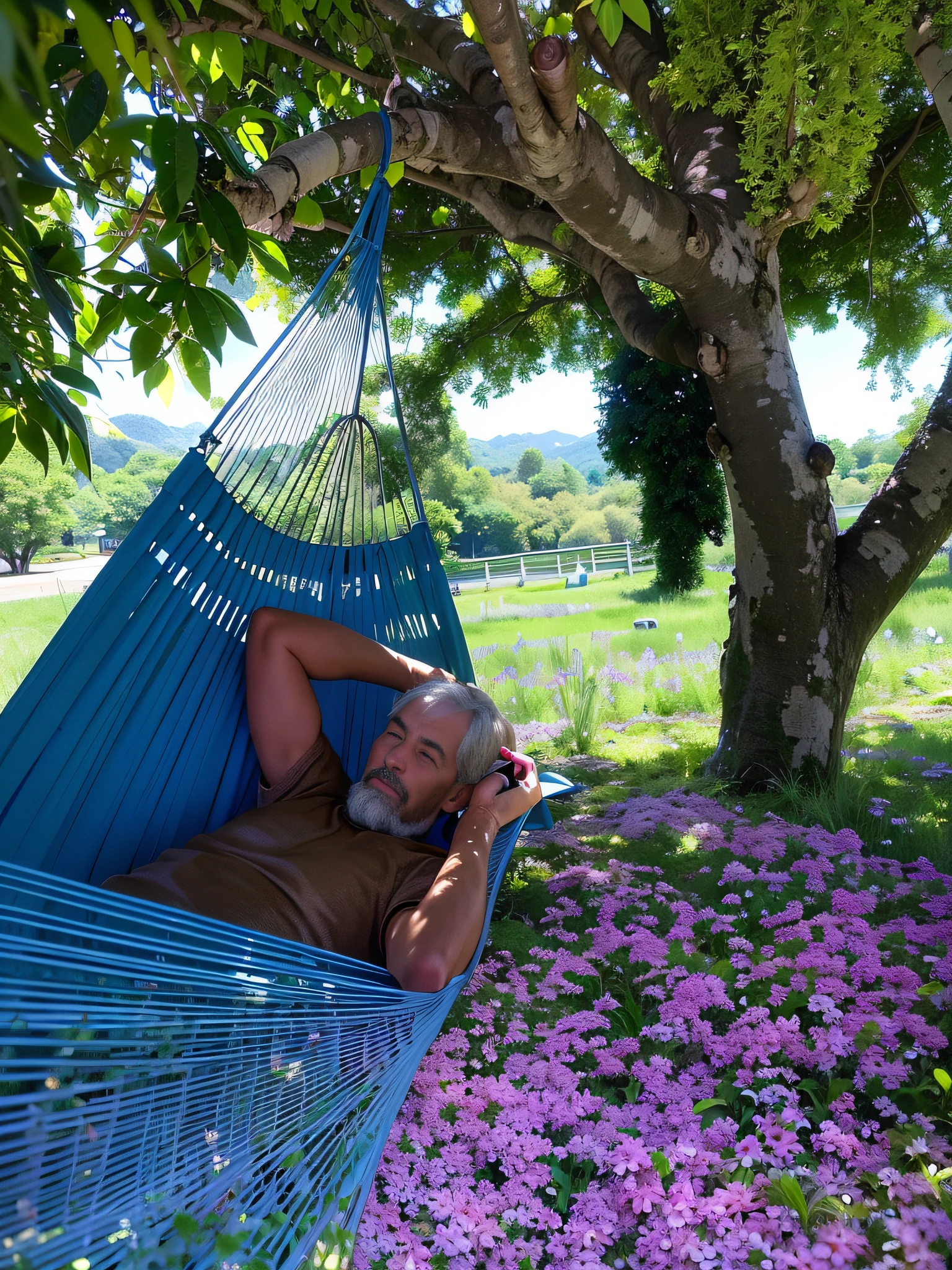 There's a 70-year-old white man lying in a hammock under a tree, relaxing after a hard, very relaxing day, he's very relaxed, relaxing, relaxed. blue background, relaxed, in gardens, relax, help me, resting, very happy!, lying under a tree on a farm