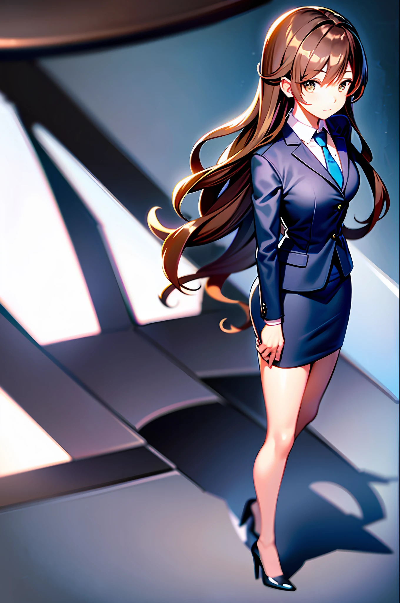 (best-quality:0.8),
(best-quality:0.8), perfect anime illustration, brown hair, wavy hair, hazel eyes, 1girl, blue skirt suit, black high heels, businesswoman, highres
