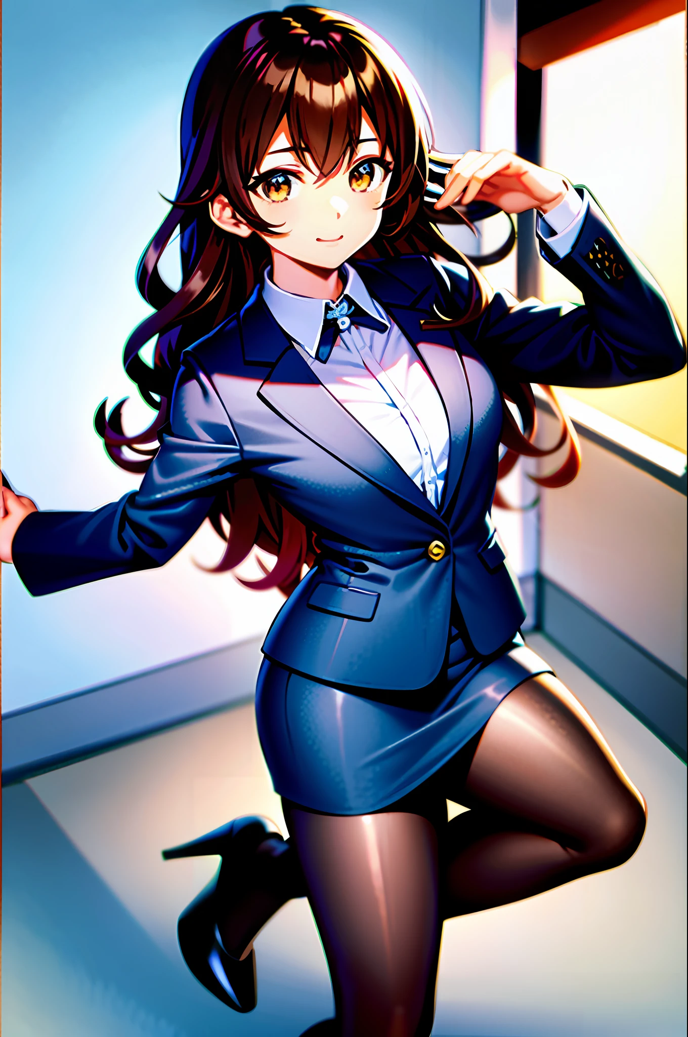 (best-quality:0.8),
(best-quality:0.8), perfect anime illustration, brown hair, wavy hair, hazel eyes, 1girl, blue skirt suit, black high heels, businesswoman, highres