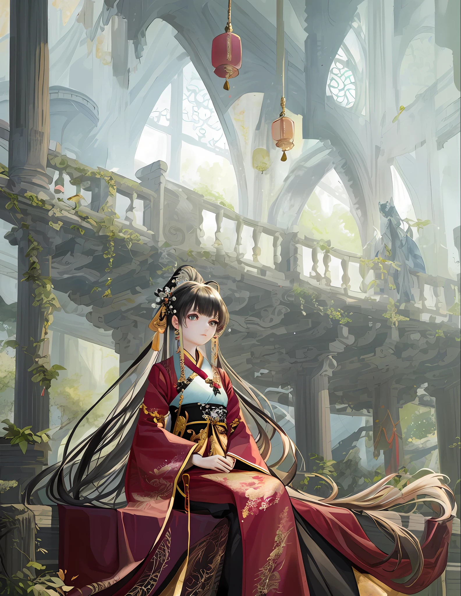 ((Masterpiece)), {{Best quality}}, Art CG, {{Extreme Detail}}, {{Illustration}}, Amazing, Exquisite Details, HD 8k, {{Beauty}}, Chinese Hanfu, {{Red Hanfu}}, {{Loli}}, Courtly Atmosphere, Long Flowing Hair, Black Heart Beauty, Moe Wa, Wearing a Ribbon {{Fine Headgear}}, Detailed {{Earrings}} Embellishment, Beautiful Silk {{White Background}} Created.