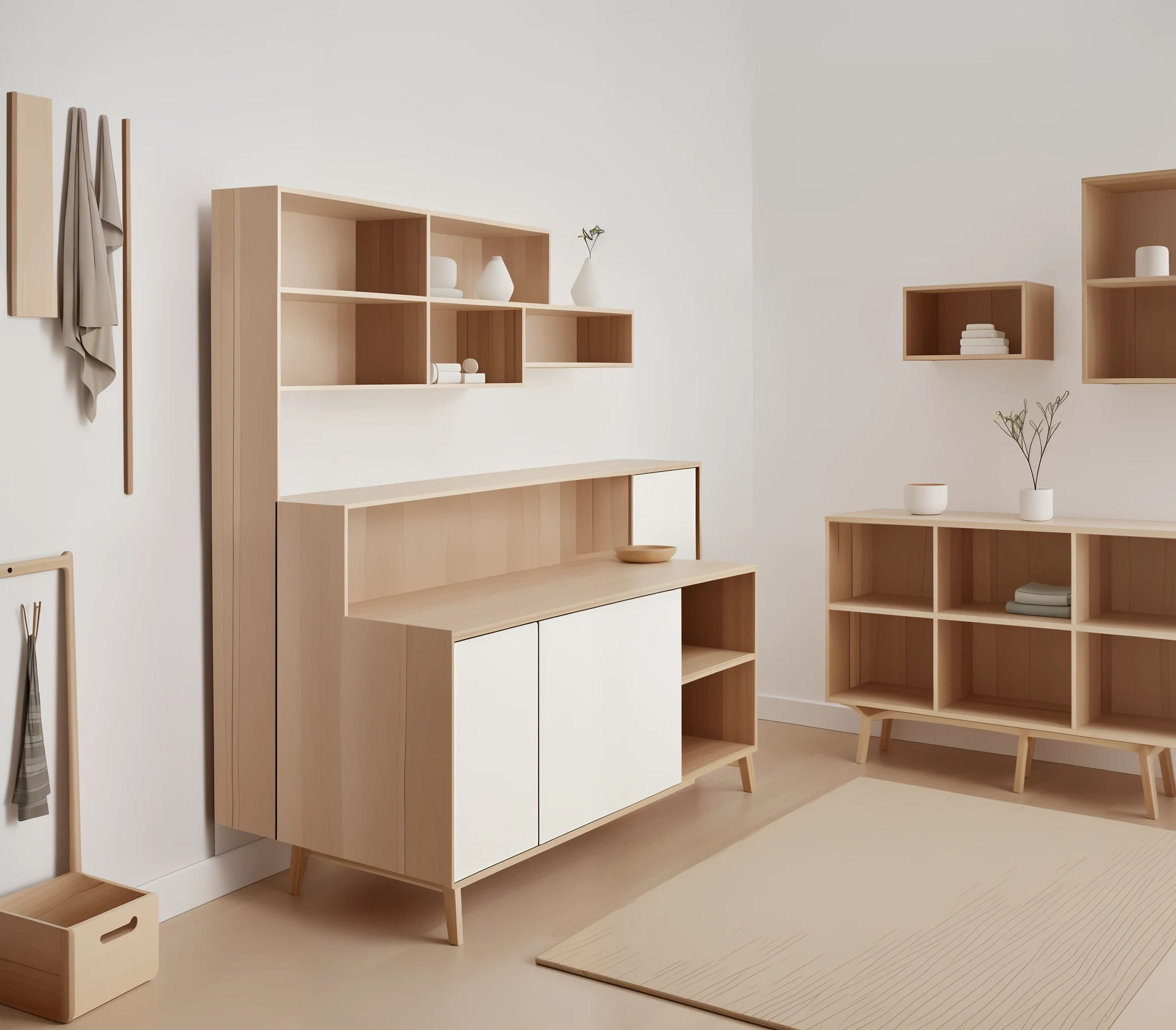 Create images like Wouddesign, Hay, Muuto, Karimokunewstandard, Nendo, inspired unique non-ordinary furnitures, shelves, lightcabinet, clothes hanger made of wood, each images contains 8 designs, must be unique, design that never seen at anywhere, non-ordinaly, unusual designs, best unique designs