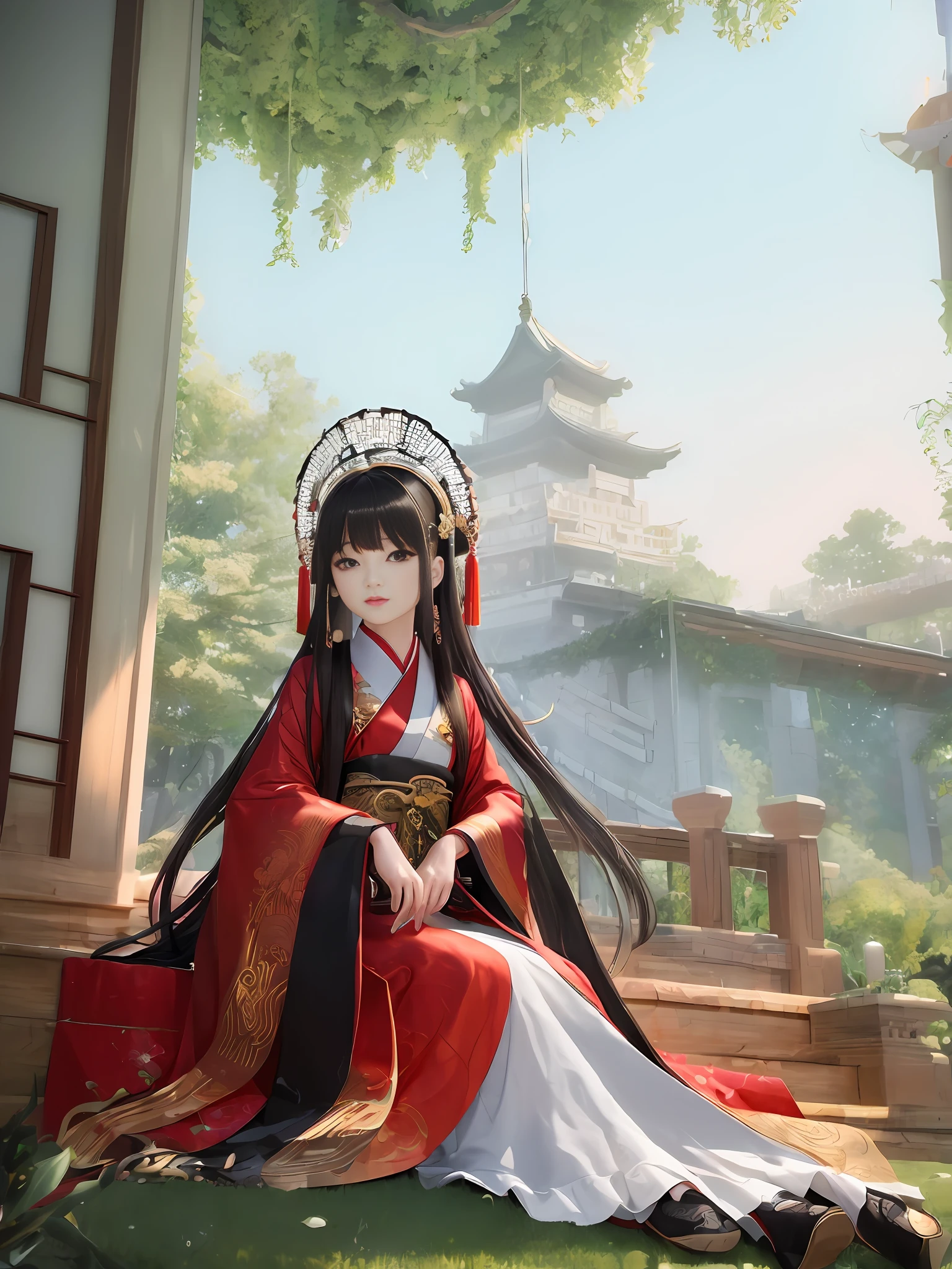 ((((Masterpiece)))), {{Best Quality}}, Art CG, {{Ultra Detail}}, {{Illustration}}, Amazing, Fine Detail, Extremely Detailed CG, Beautiful Detailed Glow, Art Book, 8k, 1 Girl, Hanfu, Red Hanfu, , Court, Long Hair, Black Hair, Sitting on Steps, Sitting Dignified, Very Beautiful, Headdress, Chinese Headwear, Earrings, Clean and Neat Background, Silk Background, White Silk Cloth,