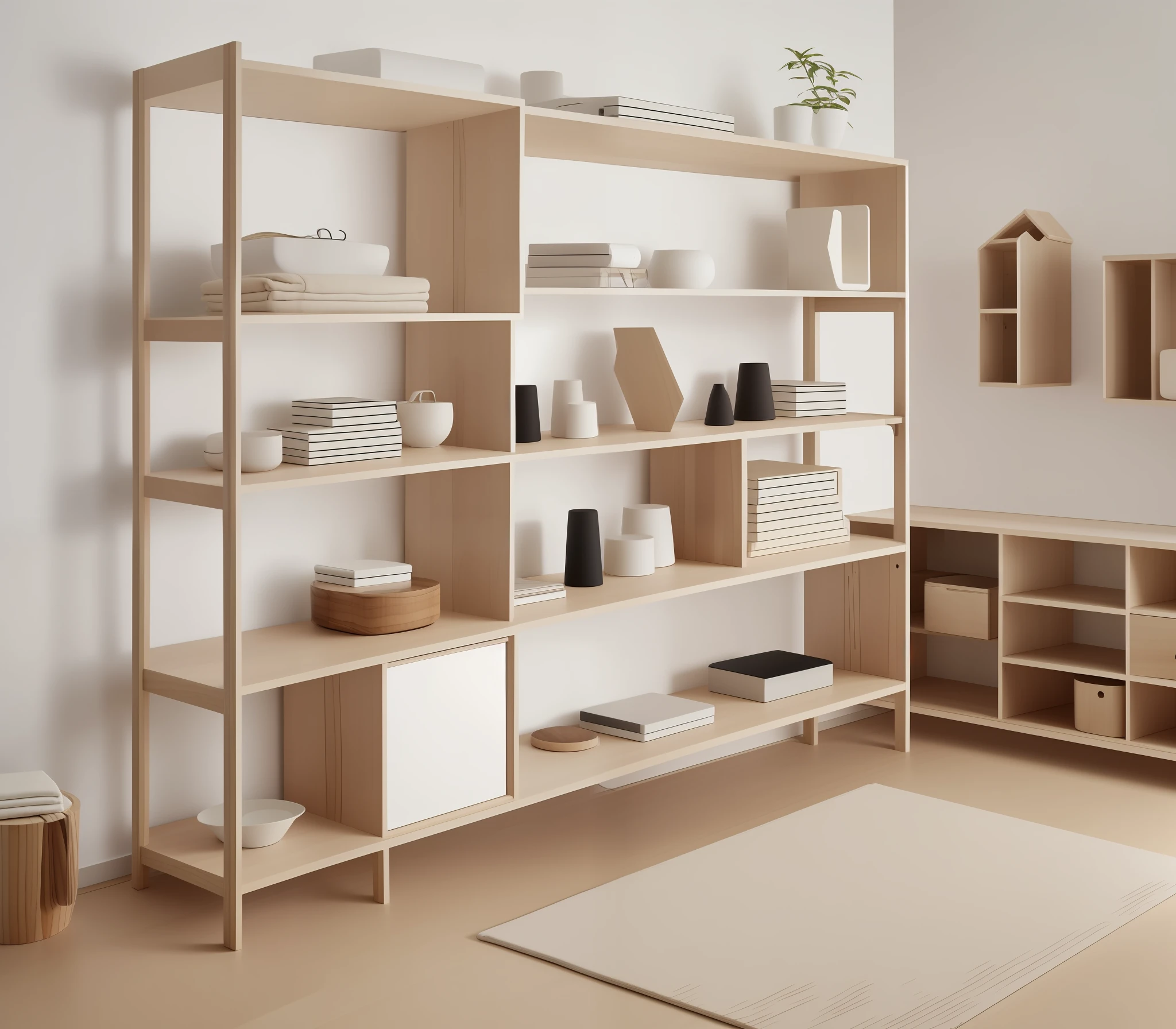 Create images like Wouddesign, Hay, Muuto, Karimokunewstandard, Nendo, inspired unique non-ordinary furnitures, shelves, lightcabinet, clothes hanger made of wood, each images contains 8 designs, must be unique, design that never seen at anywhere, non-ordinaly, unusual designs, best unique designs