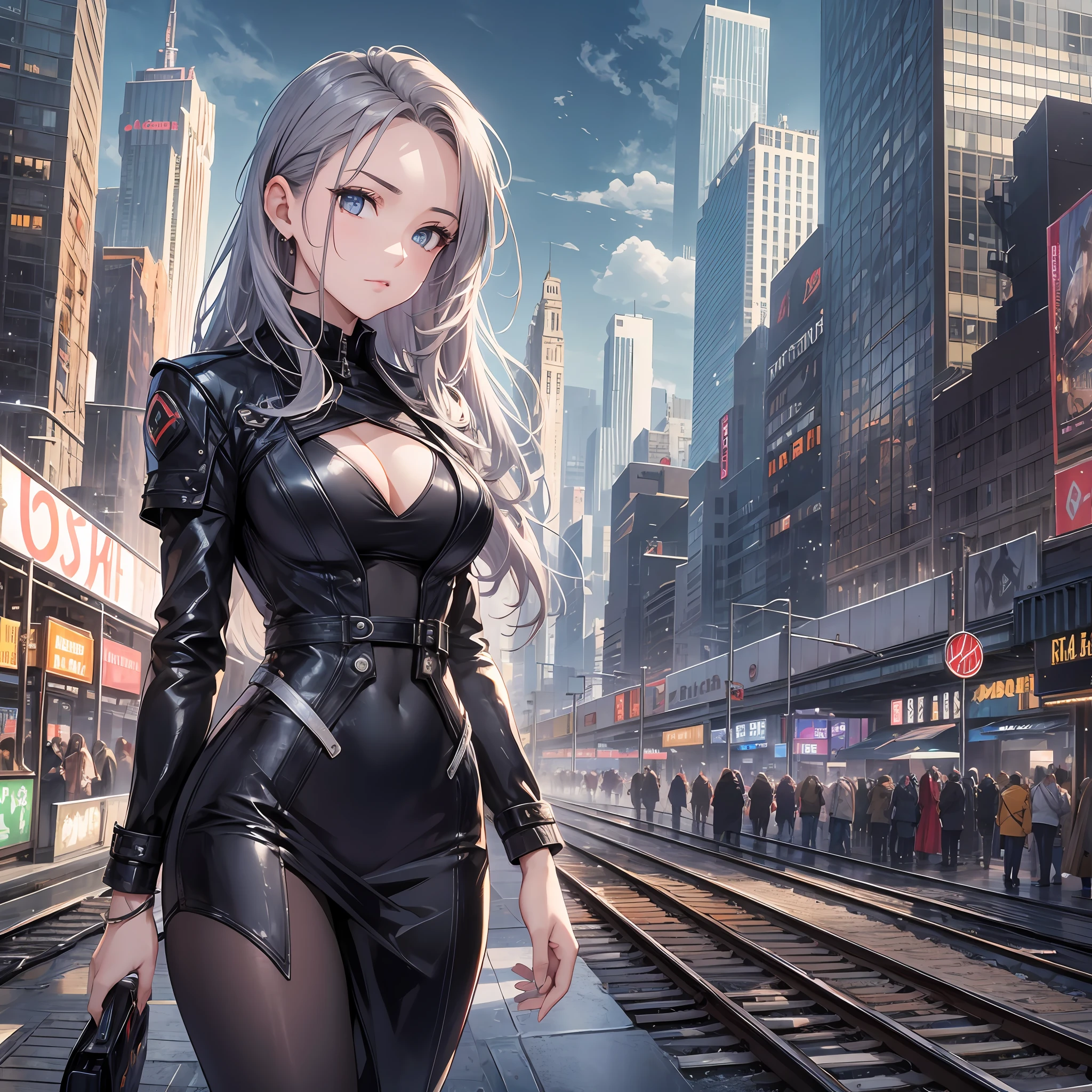 16K, HDR, UHD,RTX, raytracing, absurdres, highres, extremely detailed, perfect anatomy, wide angle shot, realistic, 1girl, solo, rich business woman, long business black coat, beautiful dress, beautiful face, detailed, cowboy shot, futuristic, beautiful hair, dystopian city, award winning, cinematic shot, night, detailed background, colors, detailed crowd, train, skyscrapers