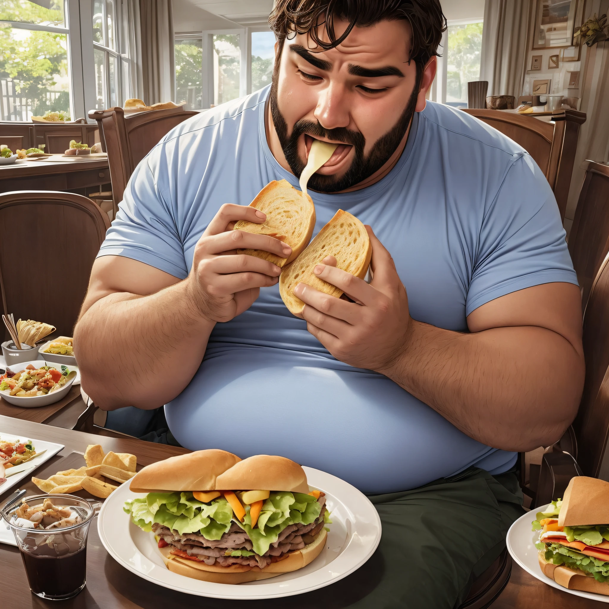 A man with a large belly was sitting in a chair, eating a sandwich with great enthusiasm. His face was sweaty and red, and he seemed to be struggling to breathe as he chewed. His hands were covered in crumbs, and he seemed to be having a lot of fun with his unhealthy meal. The man's shirt was tight on his sweaty skin, and he seemed to be completely unconcerned about his physical appearance as he indulged in his food. --auto --s2