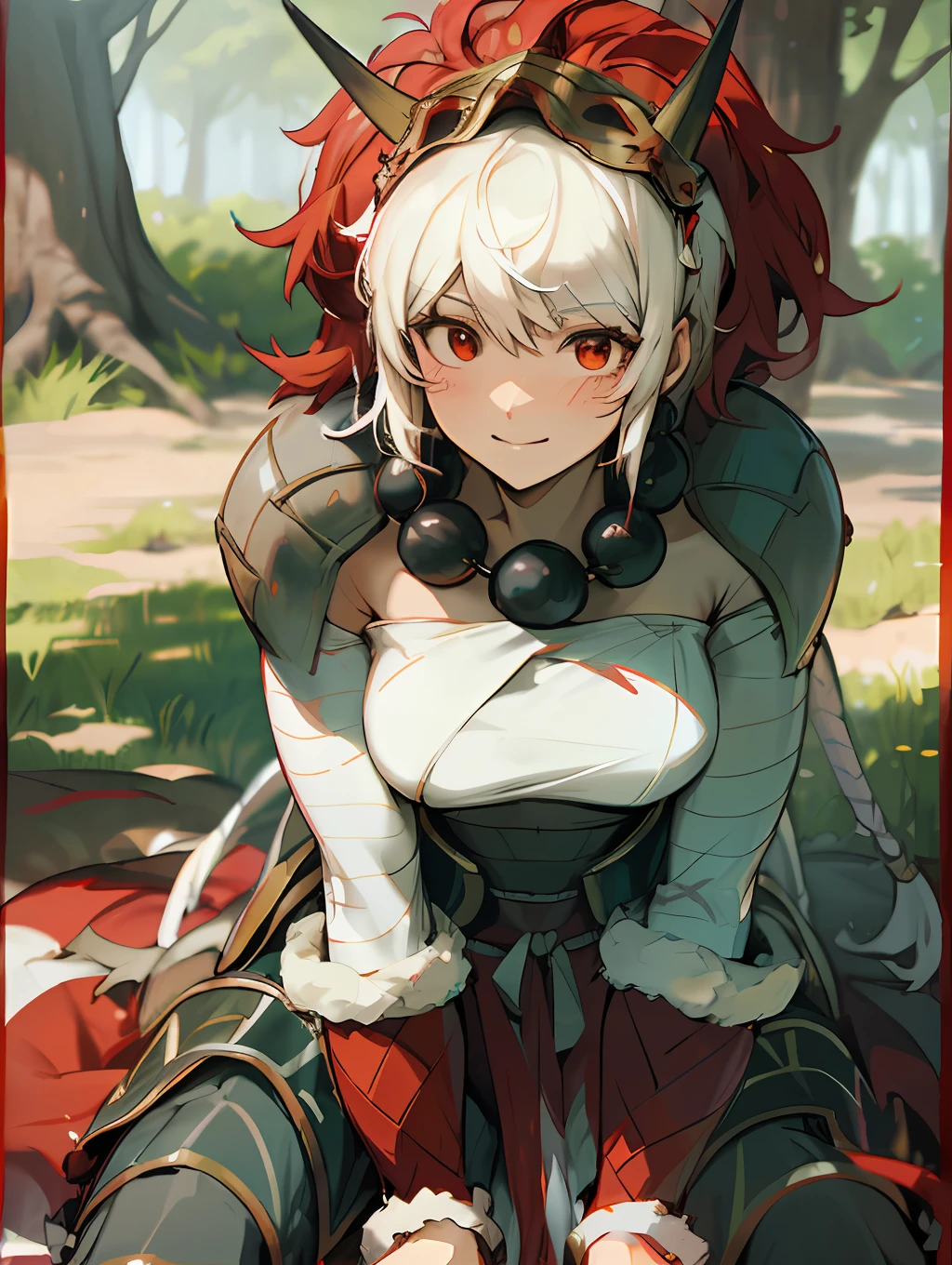 Rinkah | Fire Emblem , upside down Rinkah sitting on tree smiling, dynamic angle, foliage in the background
