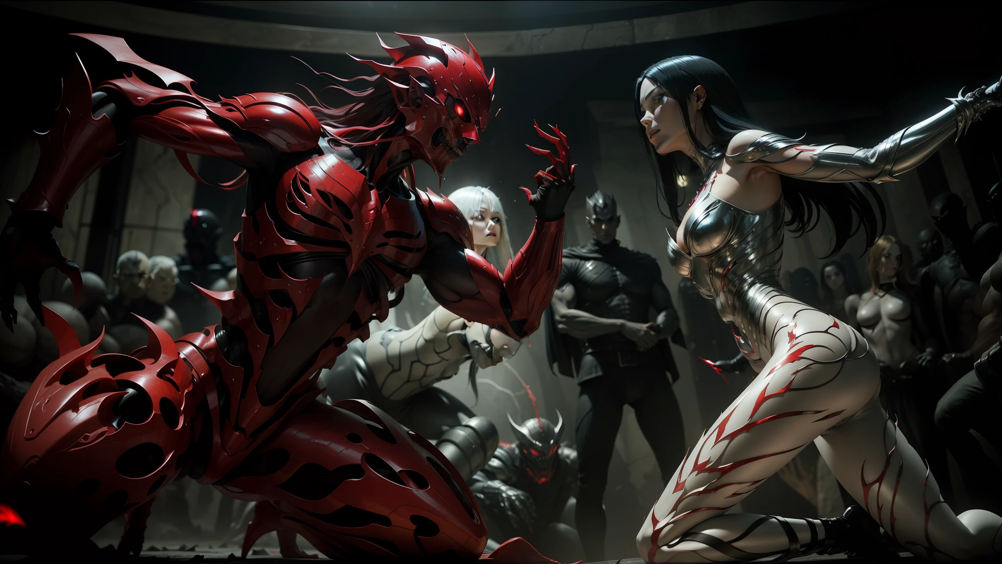 araffes in a silver dress and a red demon in a dark room, still from alita, wearing witchblade armor, transparent body, carnage, by Eizō Katō, cybernatic, body made of glass, speculative fashion, crimson attire, liquid interface --ar 16:9 --auto --s2