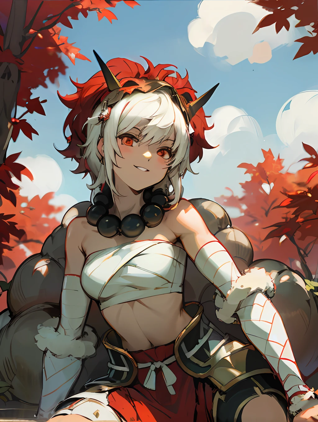 Rinkah | Fire Emblem , upside down Rinkah sitting on tree smiling, dynamic angle, foliage in the background
