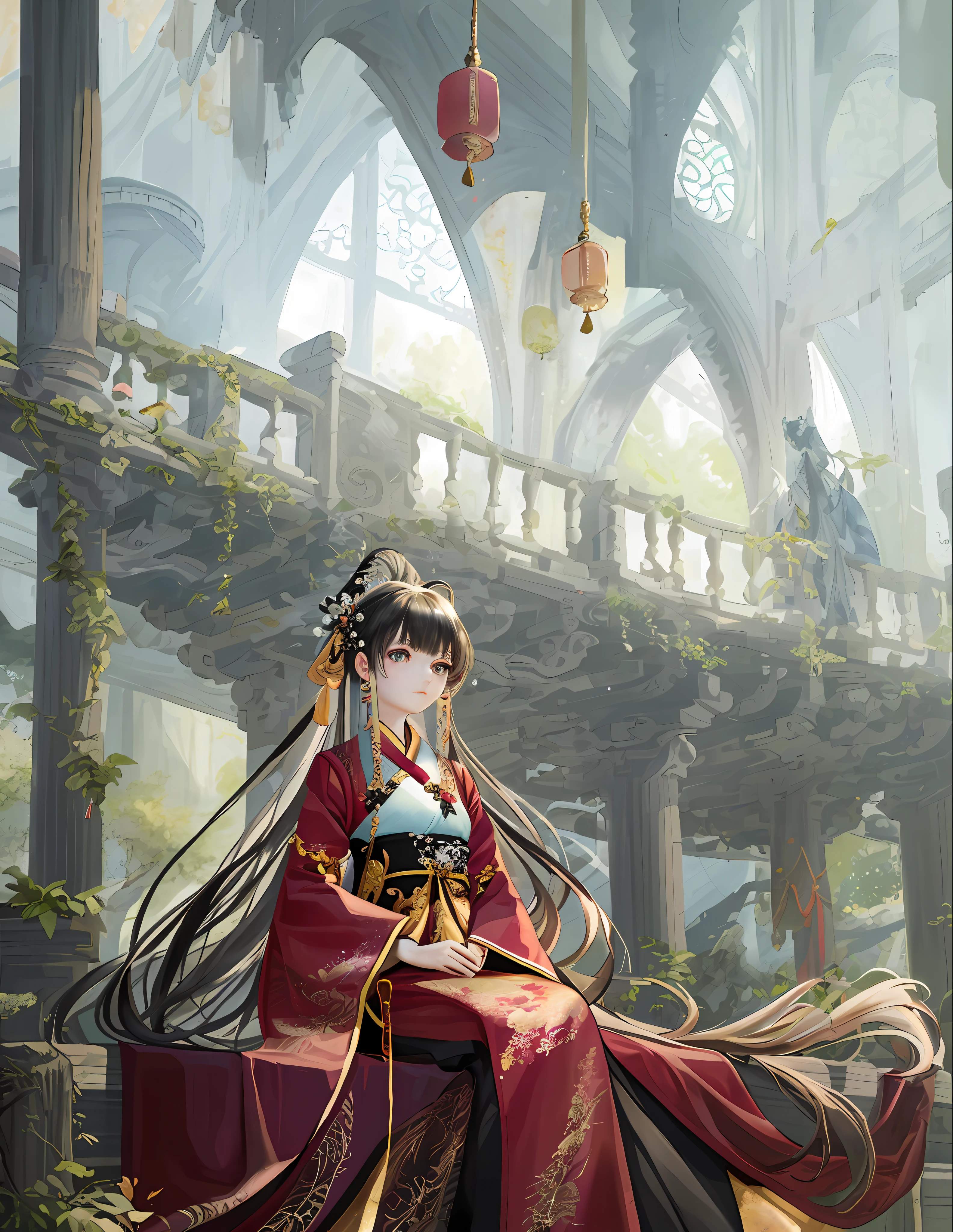 ((Masterpiece)), {{Best quality}}, Art CG, {{Extreme Detail}}, {{Illustration}}, Amazing, Exquisite Details, HD 8k, {{Beauty}}, Chinese Hanfu, {{Red Hanfu}}, {{}}, Courtly Atmosphere, Long Flowing Hair, Black Heart Beauty, Moe Wa, Wearing a Ribbon {{Fine Headgear}}, Detailed {{Earrings}} Embellishment, Beautiful Silk {{White Background}} Created.