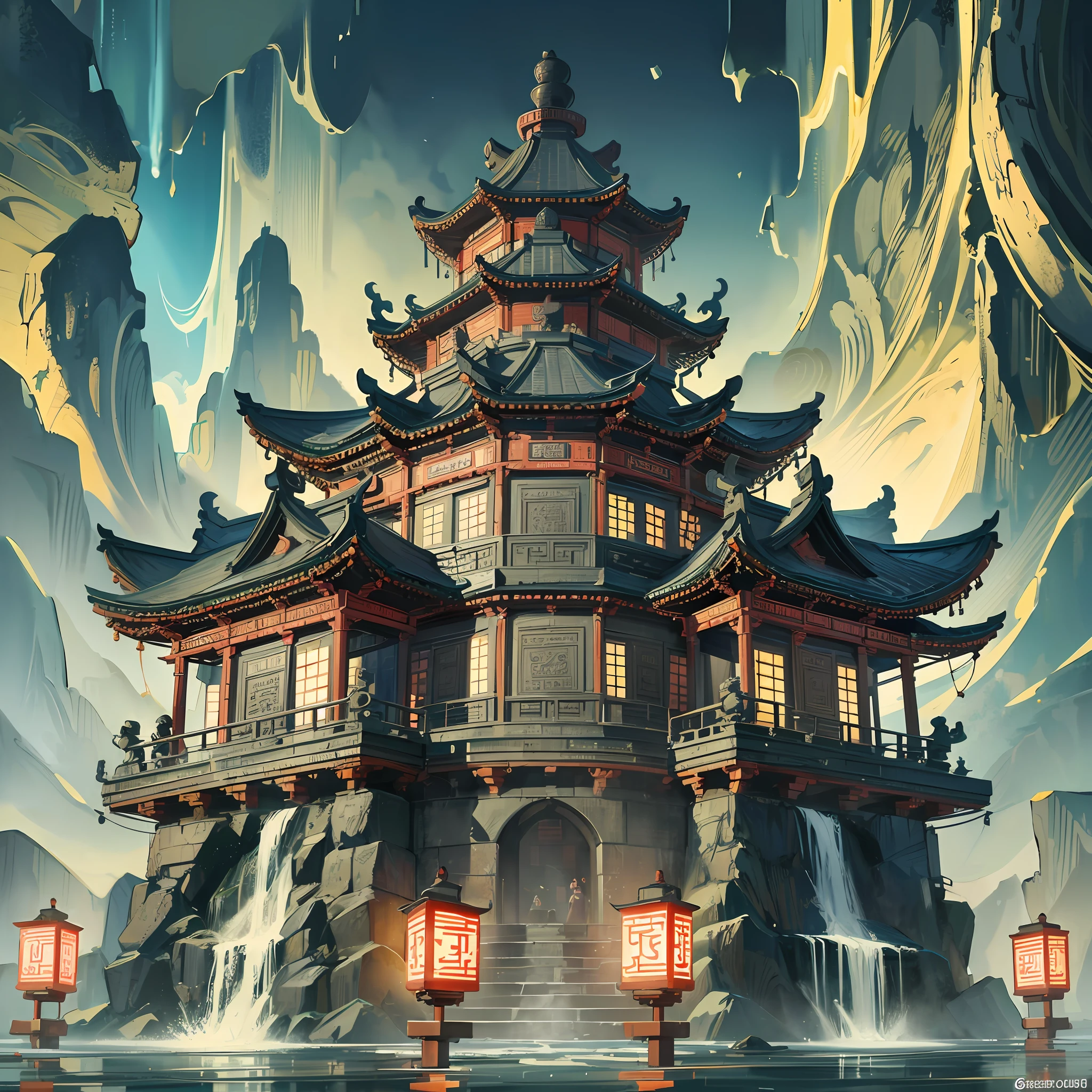 Ancient China, Temple, (Mysterious Black Mist), Journey to the West, Judge, Elderly, Glazed Tiles, Buddha Statues, Lanterns, Absurdity, Realistic Lighting, (Abyss) Masterpiece, High Quality, Exquisite Graphics, High Detail, Underseabed, Water Prison, Male --auto --s2
