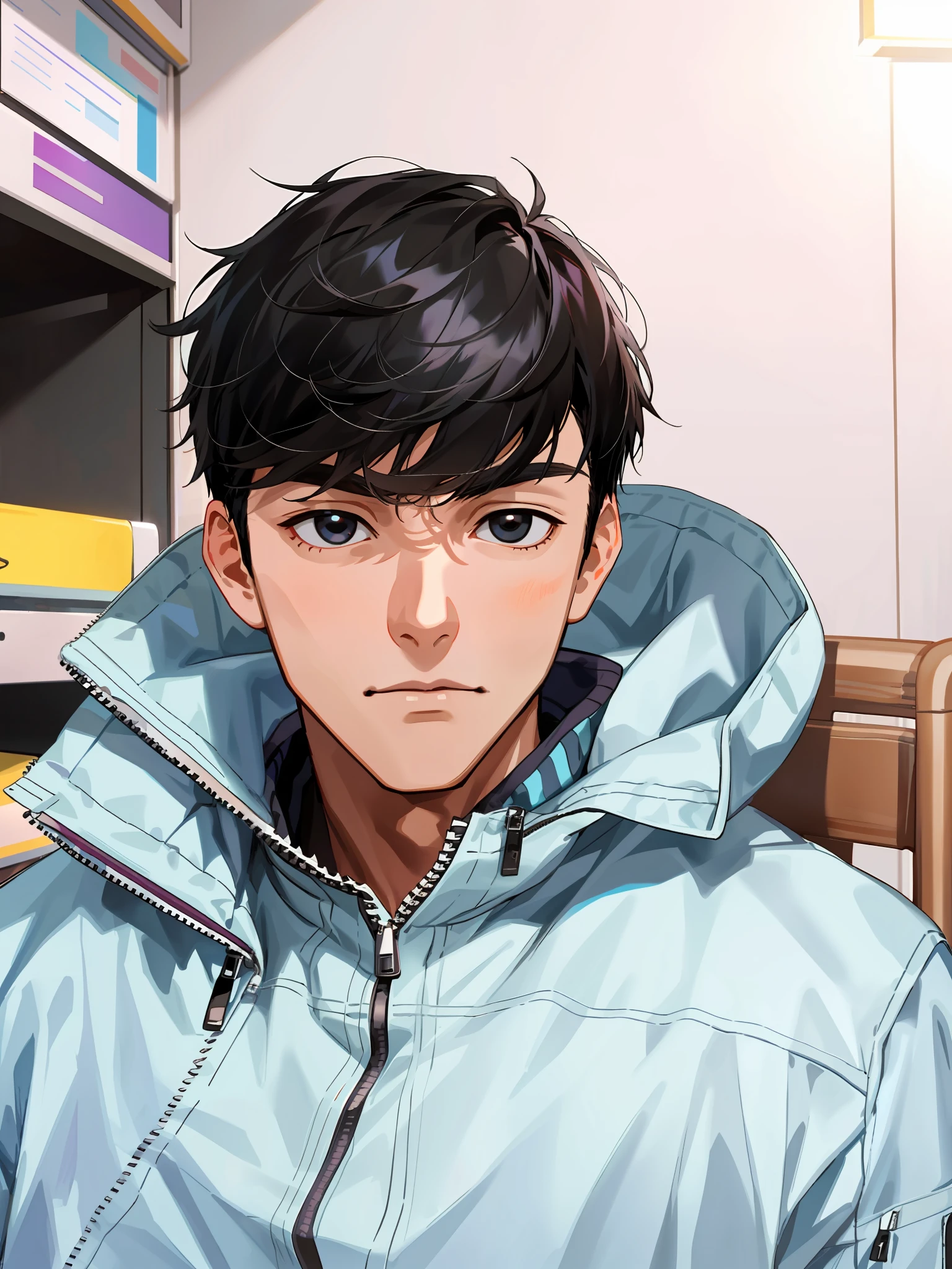 1boy, male focus, solo, black hair, realistic, looking at viewer, black eyes, indoors, chair, upper body, zipper, bangs, closed mouth, jacket