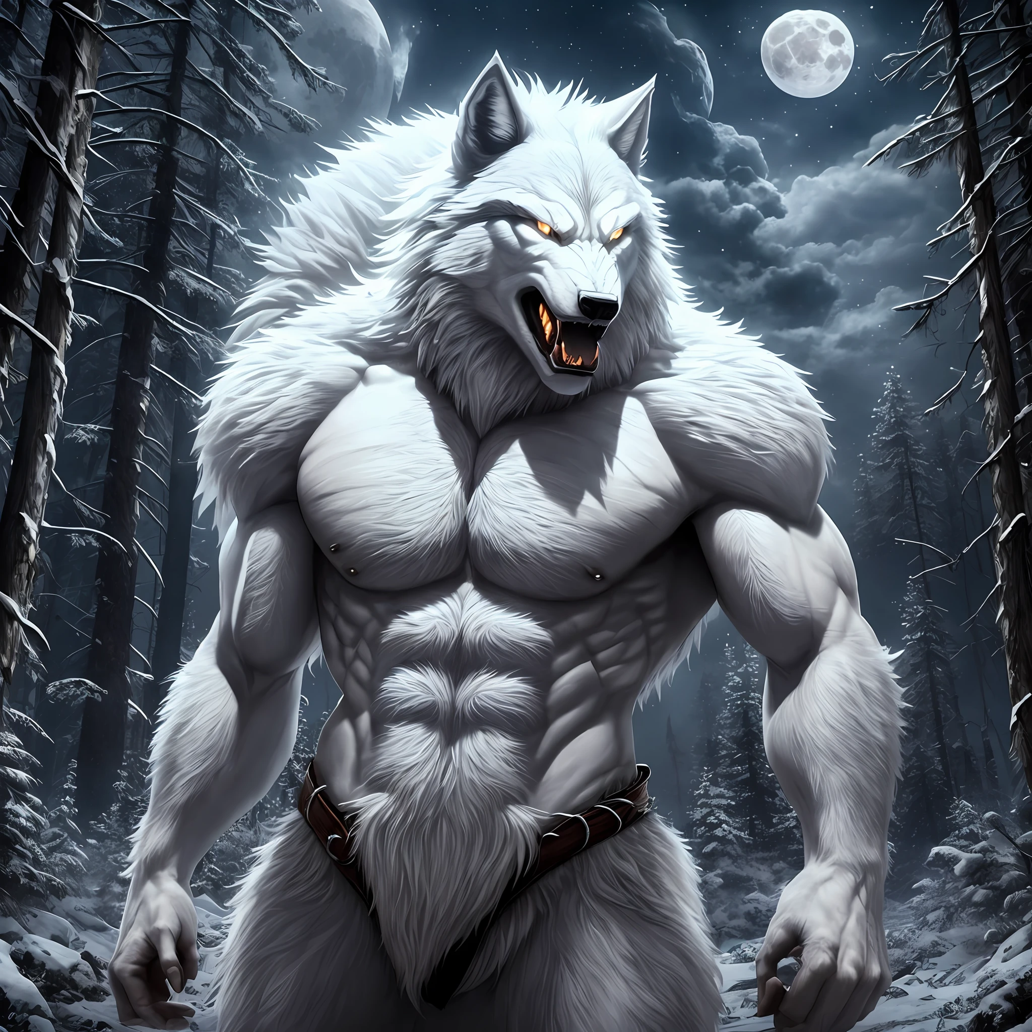 Giant Angry White Werewolf in the Middle of the Night with a Full Moon, Realistic, Full HD, Best Quality