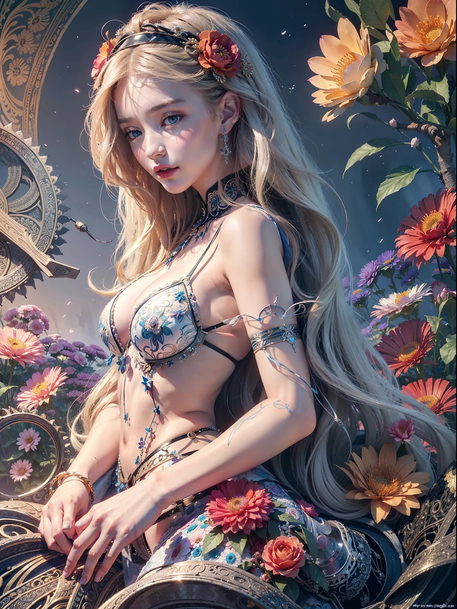 Caucasian girl, European, best angleofficial art, unity 8k wallpaper, ultra detailed, beautiful and aesthetic, beautiful, masterpiece, best quality, (zentangle, mandala, tangle, entangle), (ecstasy of flower:1.2), dynamic angle, cowboyshot, the most beautiful form of chaos, elegant, a brutalist designed, vivid colours, romanticism, atmospheric