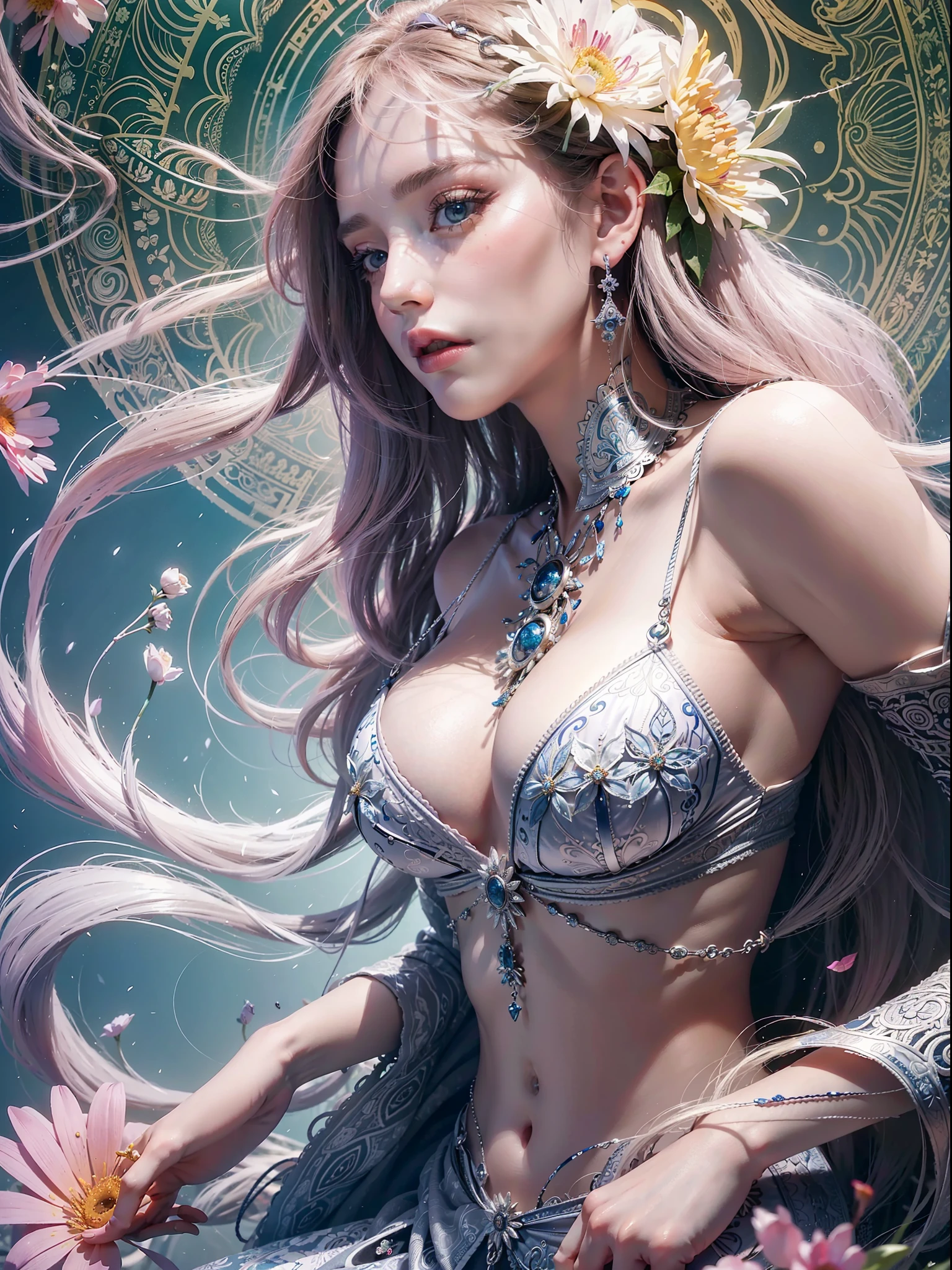 Caucasian girl, European, best angleofficial art, unity 8k wallpaper, ultra detailed, beautiful and aesthetic, beautiful, masterpiece, best quality, (zentangle, mandala, tangle, entangle), (ecstasy of flower:1.2), dynamic angle, cowboyshot, the most beautiful form of chaos, elegant, a brutalist designed, vivid colours, romanticism, atmospheric