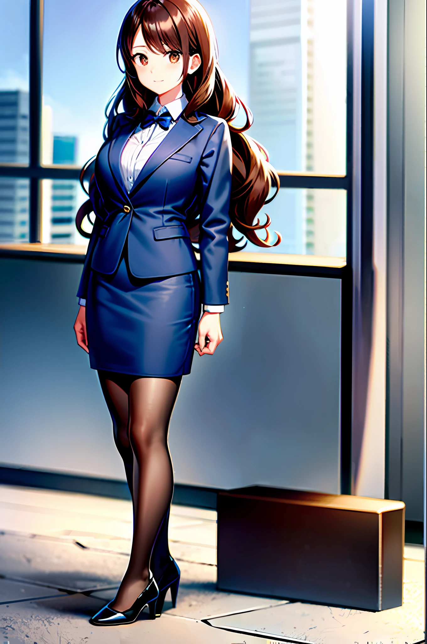 perfect anime illustration, brown hair, wavy hair, hazel eyes, 1girl, blue skirt suit, black high heels, businesswoman, highres, full body
