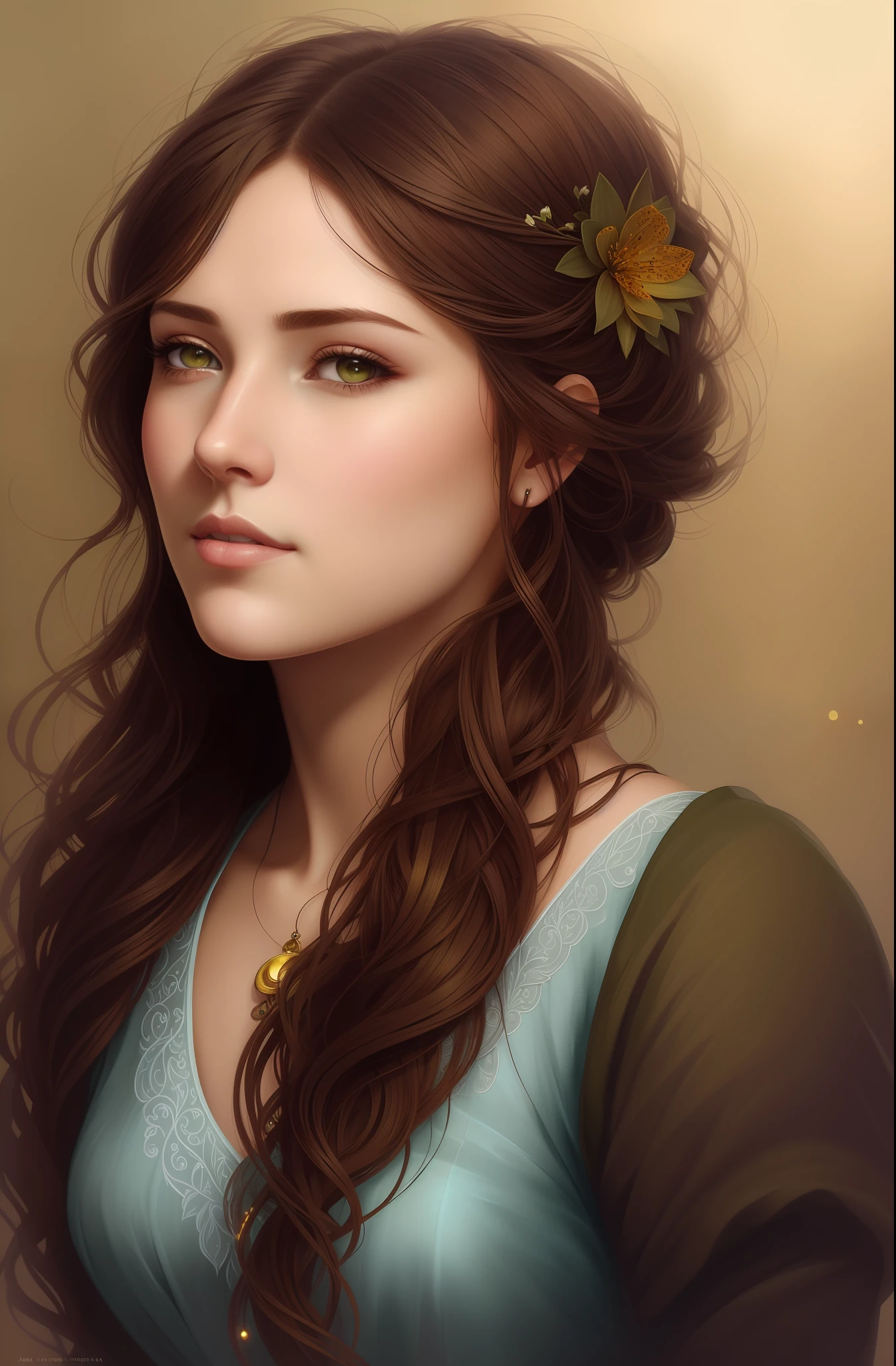 Arafed portrait of a woman with a flower in her brown hair, olive green eyes, beautiful digital illustration, gorgeous digital painting, beautiful character painting, beautiful fantasy art portrait, stunning digital illustration, detailed beautiful portrait, detailed beauty portrait, fantasy art portrait, fantasy portrait art, beautiful digital painting, magali villeneuve graphic artist, Awesome character art, realistic cute girl painting, cute fantasy portrait