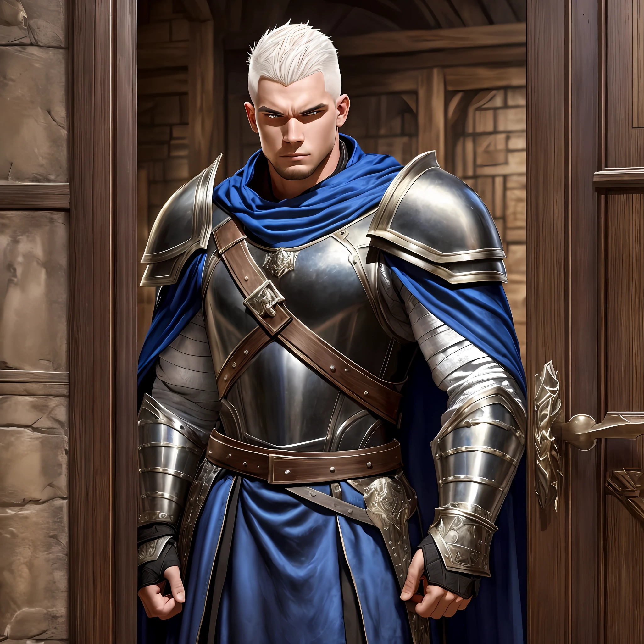 Young man tall muscular, wide, bright-eyed, With shaved White hair, wearing a medieval Armor with wolf shoulder pads, black and a Blue cape, angry at the entrance door of a tavern, Realistic, Full HD, best quality