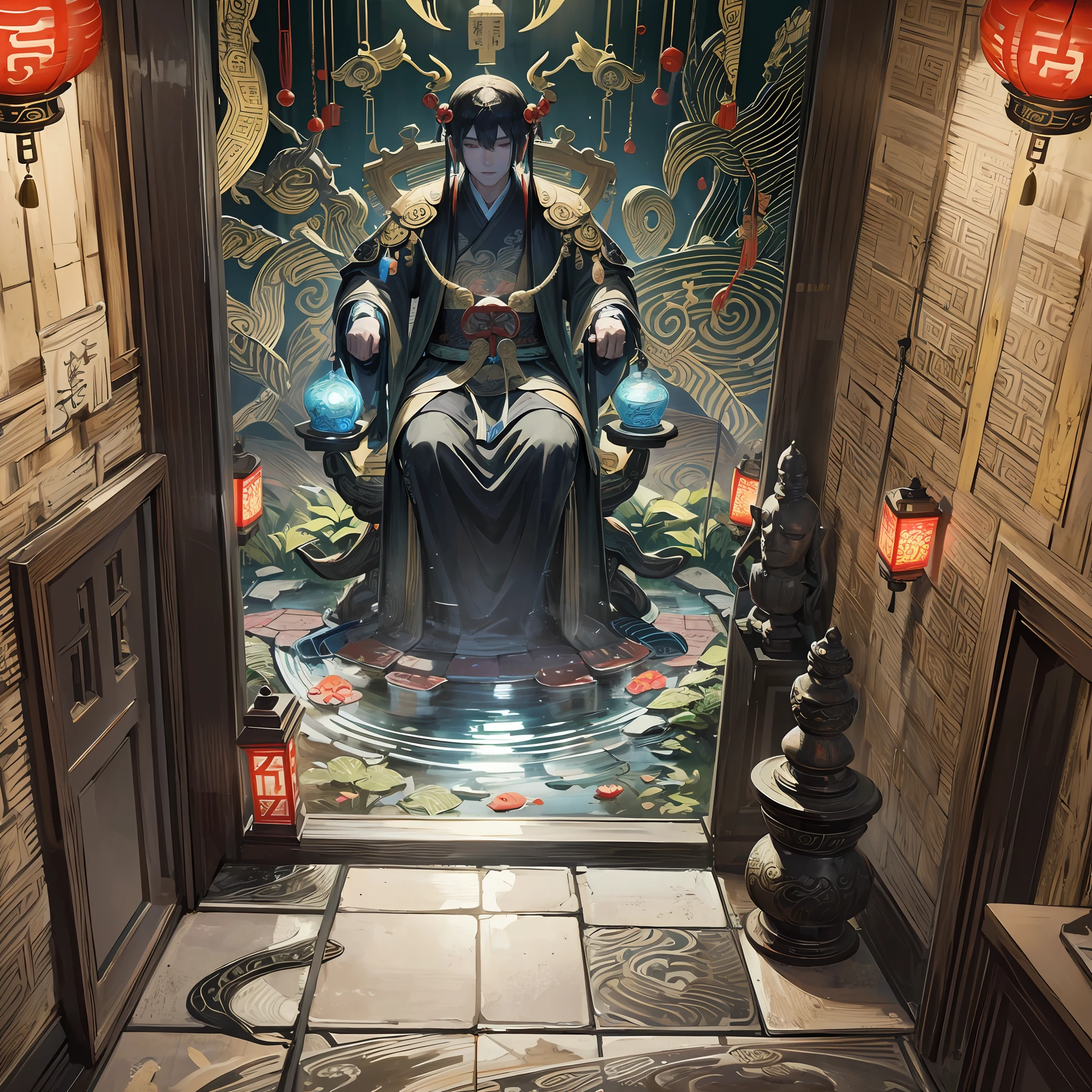 Ancient China, Temple, (Mysterious Black Mist), Journey to the West, Judge, Elder, Glazed Tiles, Buddha Statues, Lanterns, Absurdity, Realistic Lighting, (Abyss) Masterpiece, High Quality, Exquisite Graphics, High Detail, Undersea, Water Prison, Male, Snake Spirit --auto --s2
