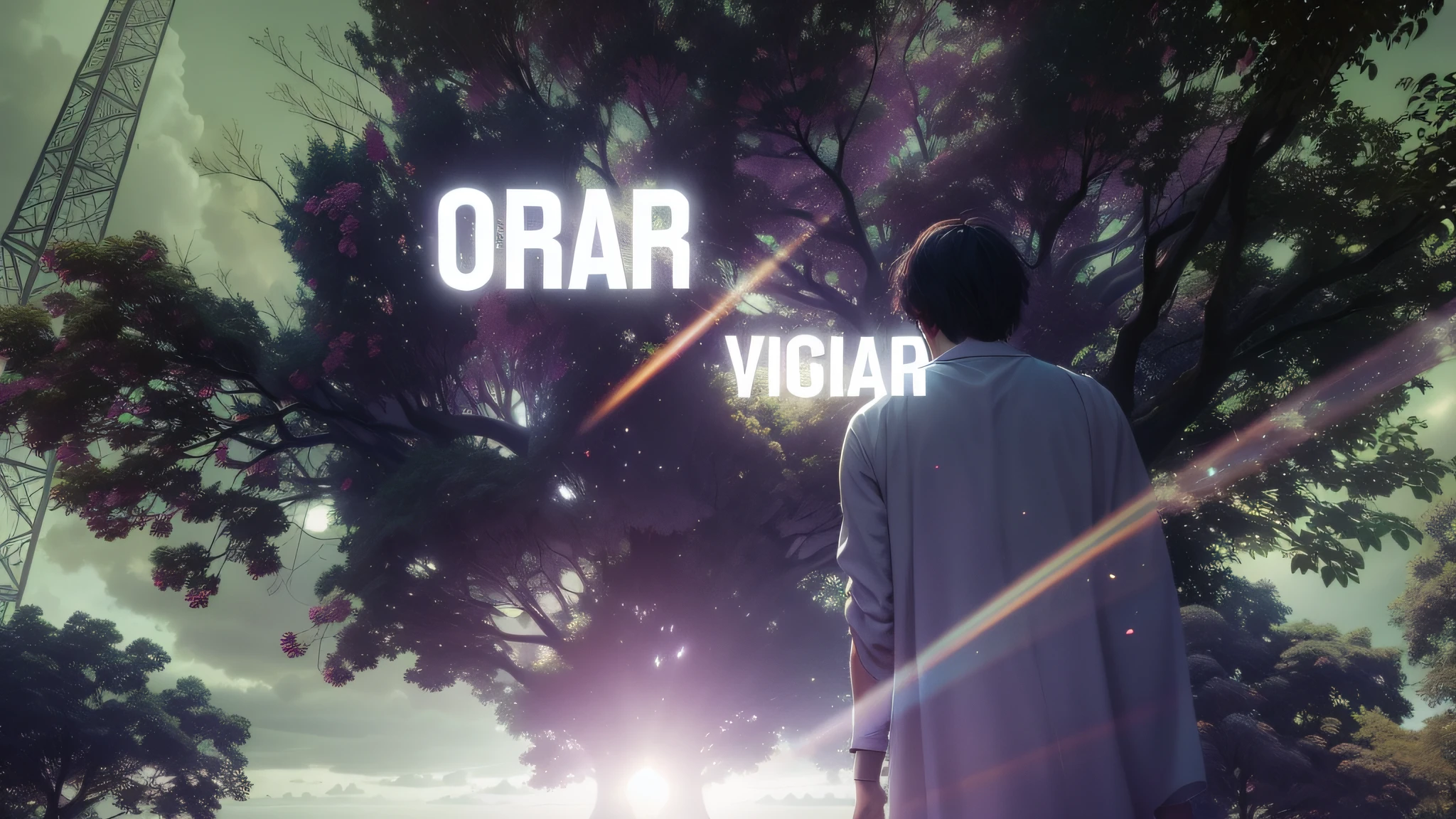 For Stable Diffusion (en): 

(high resolution masterpiece), beautiful view of the sunrise, city of Tore, a gigantic and majestic tree in the distance, a young man looking at it from the back as he prays and watches, calming scenes, soft light, atmosphere of introspection. --auto --s2