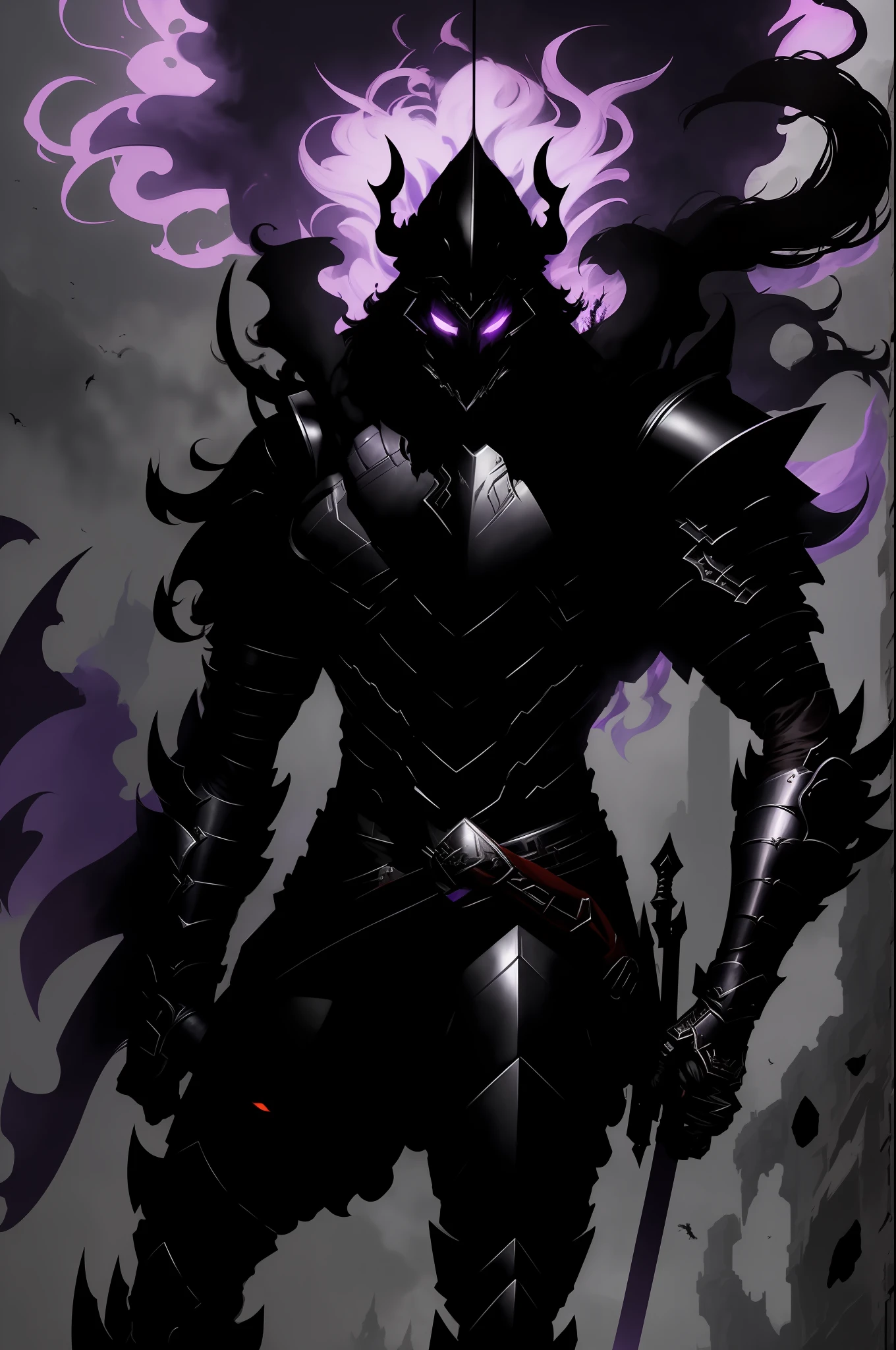 8k portrait of the shadow knight Igris ( Solo Leveling ) undead full-length with purple flame and black slender long body, wearing a helmet, the back of the helmet develops a high long tail of red hair, the eyes burn purple, goes to the viewer, full-length, the background is a dark throne room, a masterpiece with high detail, highly detailed anime style, majestic, art by Artgerm, Ruan Jia and Greg Rutkowski,   Igris ( Solo Leveling )