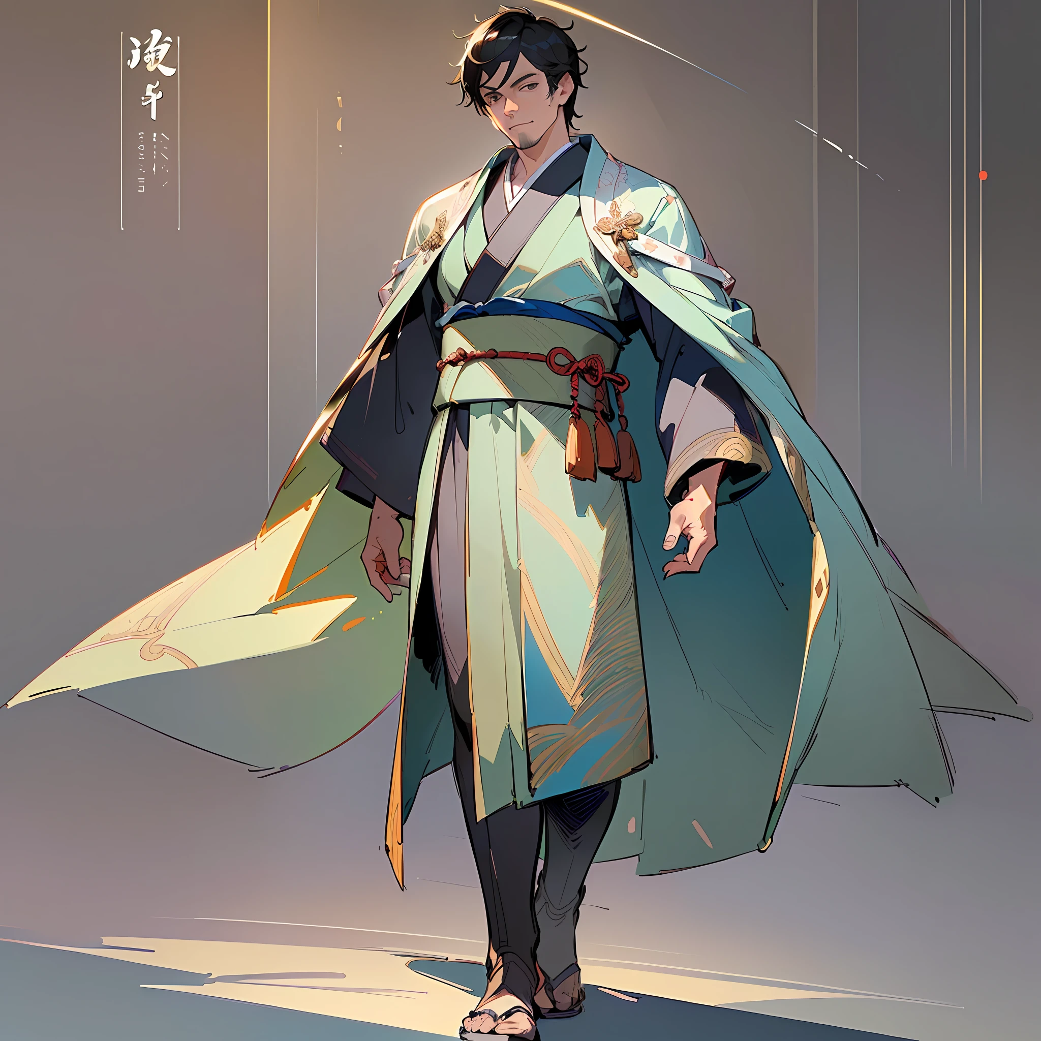 ((masterpiece))), ((best quality))), ((ultra-detailed)), (highly detailed illustration), ((an extremely young and beautiful face)),(mature face), cinematic light,,1man, ((character sheet)), (concept art), (((full body)),kimono, (masterpiece:1.2), (best quality:1.3), 1man, standing, (single background, white background: 1.3).