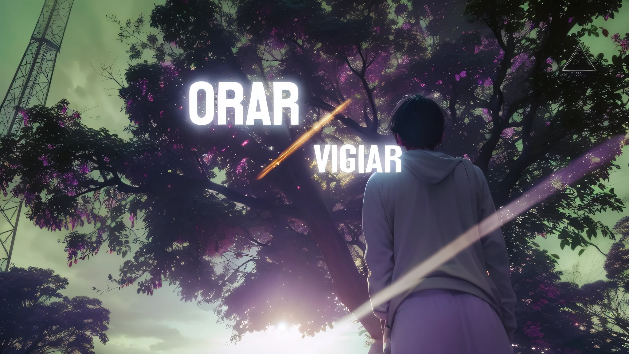 For Stable Diffusion (en): 

(high resolution masterpiece), beautiful view of the sunrise, city of Tore, a gigantic and majestic tree in the distance, a young man looking at it from the back as he prays and watches, calming scenes, soft light, atmosphere of introspection. --auto --s2