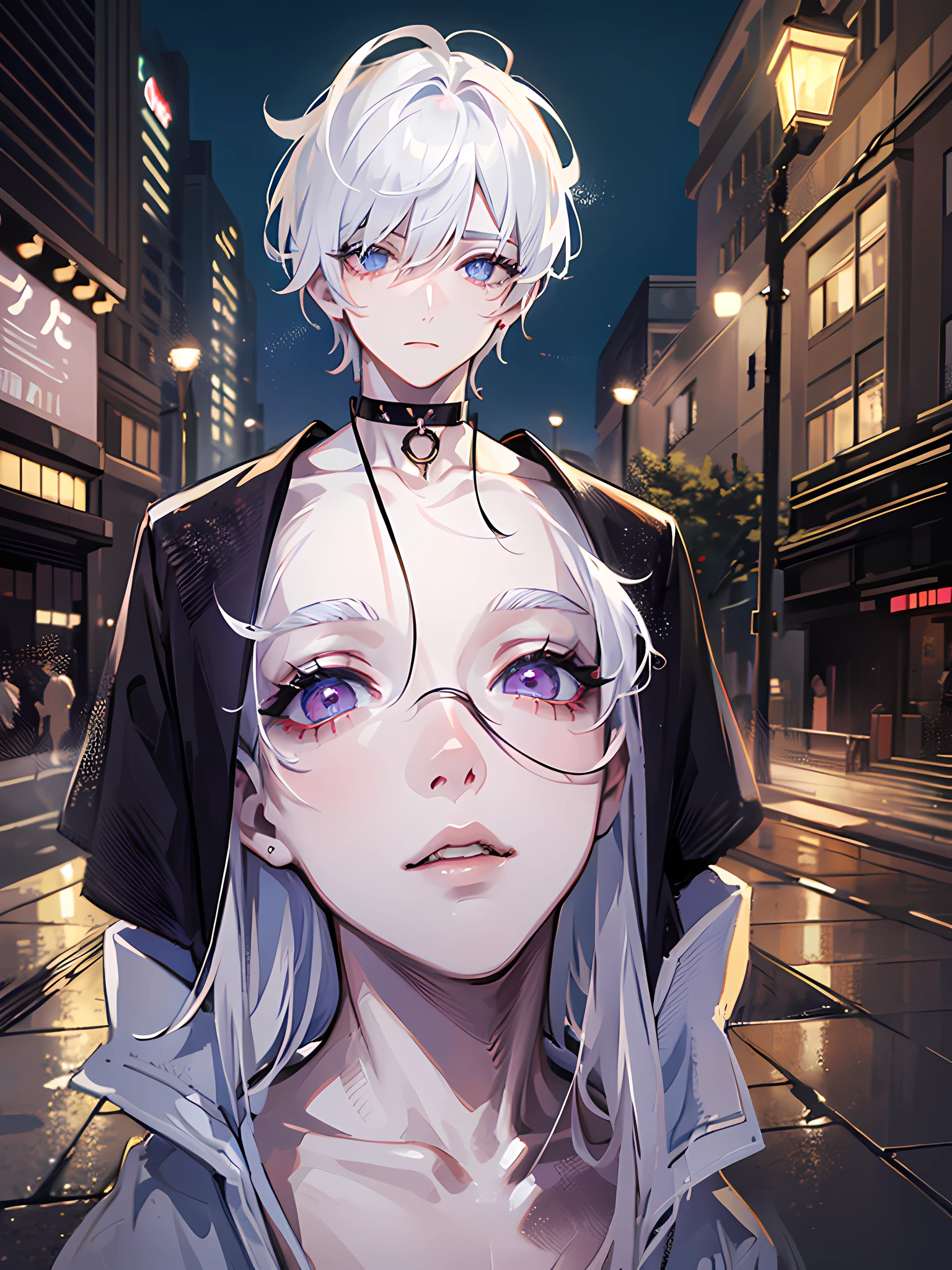 masterpiece, best quality,1boy, male focus,white hair,beautiful eyes,looking at viewer, expressionless, nude, naked, cityscape, night, big moon,lamppost, street wear,headphones, black choker, necklac ,back turned, panty tug