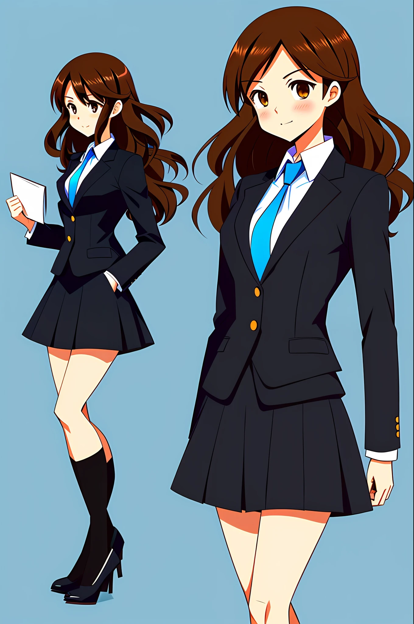 perfect anime illustration, brown hair, wavy hair, hazel eyes, 1girl, blue skirt suit, black high heels, businesswoman, highres, full body