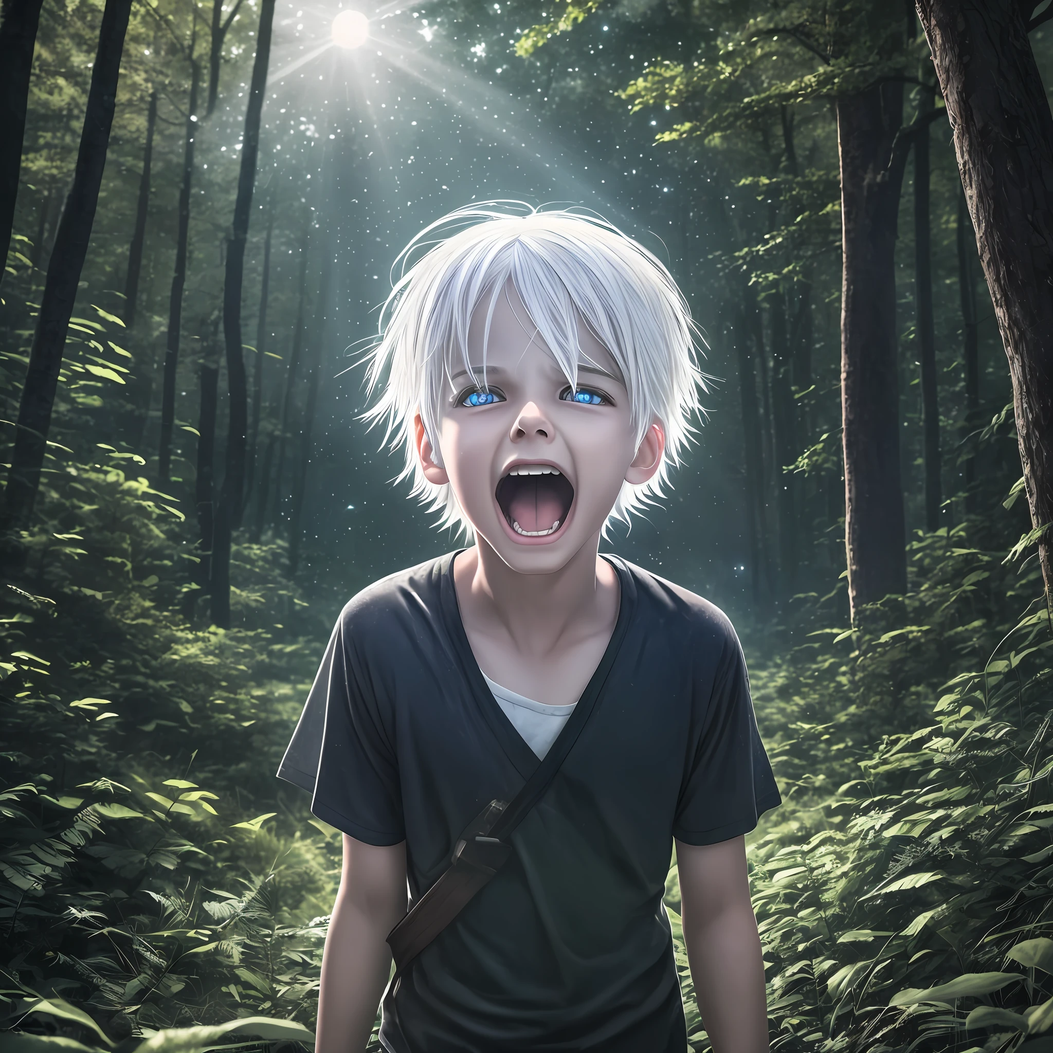 Child male with very white hair screaming with bright eyes in the middle of the forest, at night, with a bright aura and rays around him, full moon in the sky, Realistic, Full HD, Best Quality.