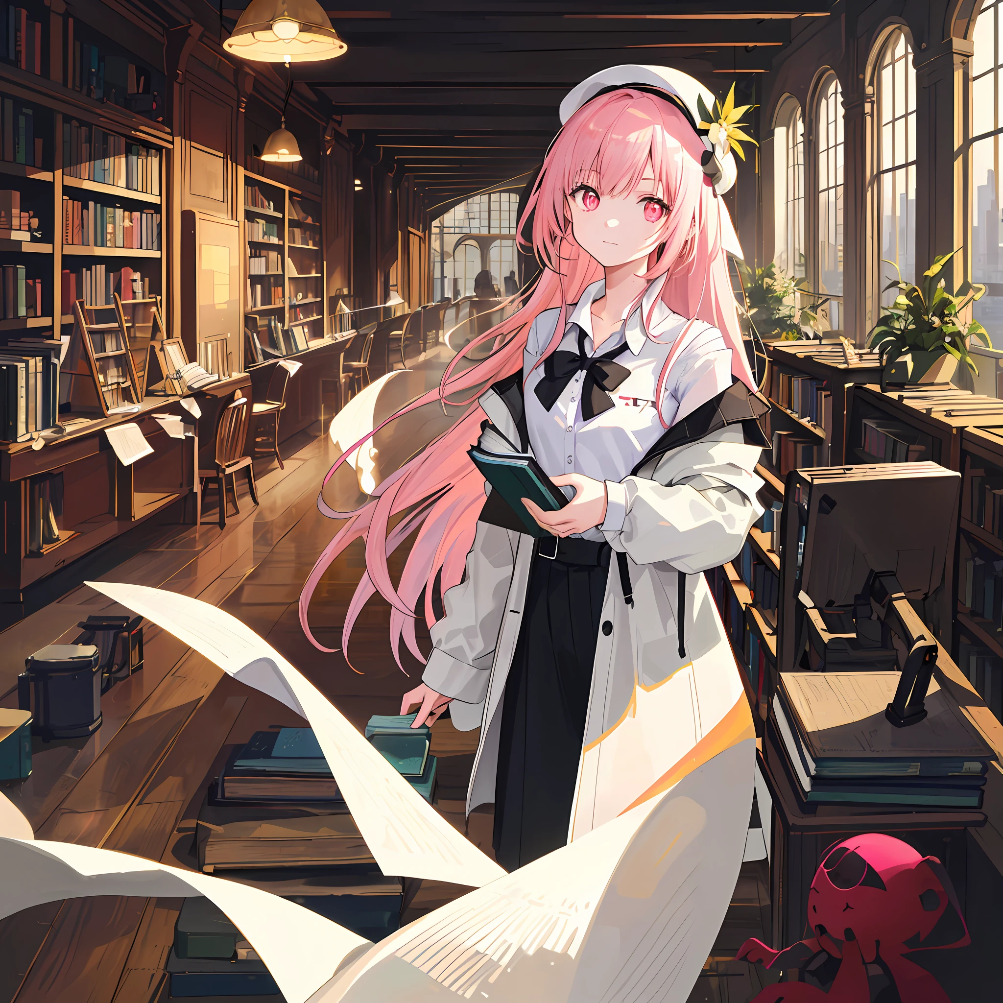 1 Girl, Solo, Lori, Petite, (very_long_hair), (pink_hair:1.2), Braid, (red_eyes), medium_breasts, (white_shirt:1.5), (trench coat), (off_shoulder:1.2), (portrait), glowing_eyes, background_light, (cityscape: 1.5), (neon_lights:1.2), (shh:1.2),(science), cyberpunk, ((masterpiece)), (high resolution), (best_quality), (highly_detailed), (raw), (exquisite background), (very detailed 8K wallpaper), cinematic lighting, volumetric lighting, light particles, shaded_face, beautiful_detailed_eyes,depth_of_ Field, perspective, a beautiful woman from a family of scholars, she stands in a library full of books and cultural artworks, shelves filled with various books, and various paintings and sculptures on the walls. Sunlight shone on her face through the window, making her look more lively and full of life. The style is photography, using a standard lens, with an aperture of f/2.8, a shutter speed of 1/125 sec., and an ISO of 200.