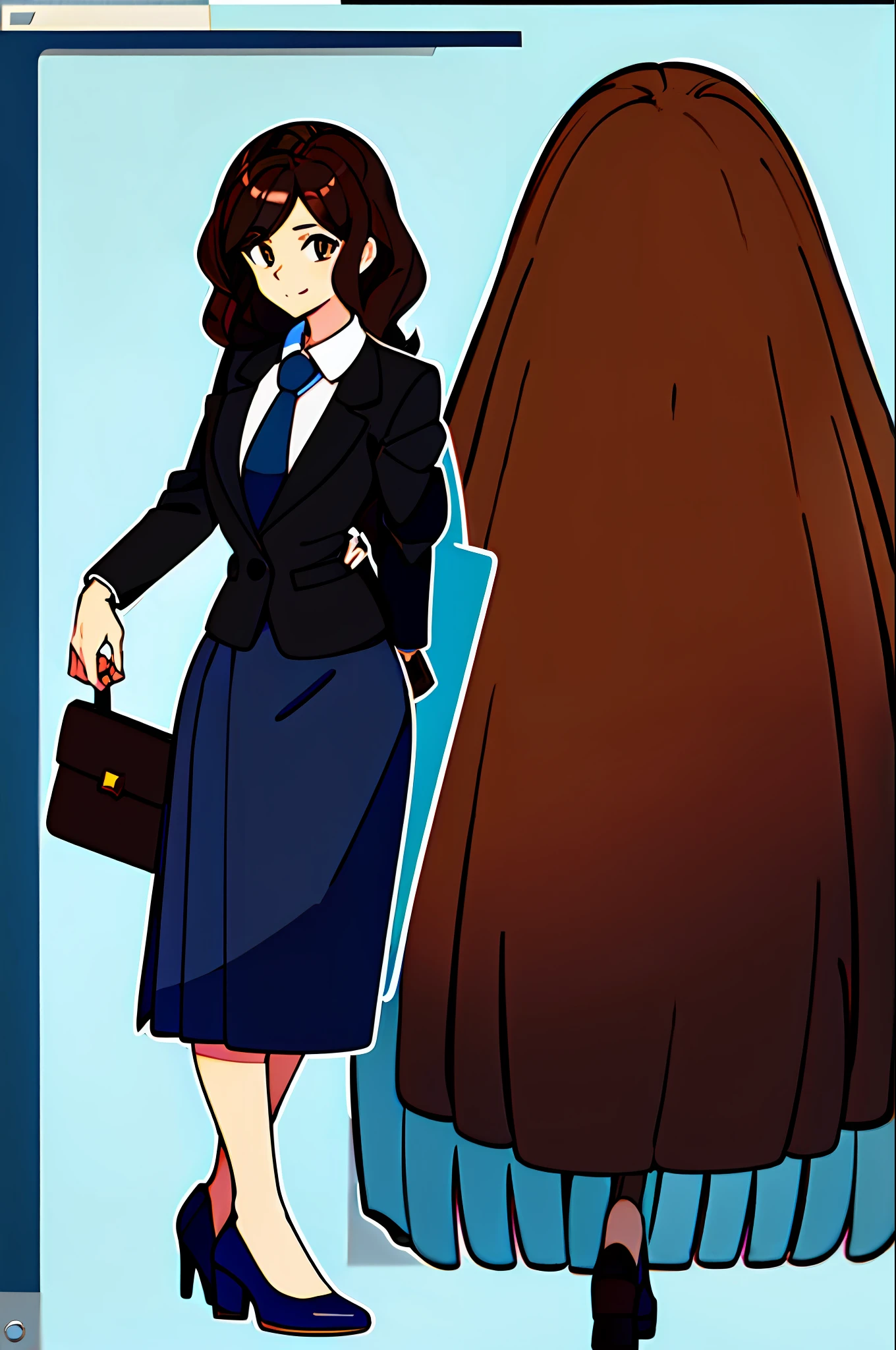 perfect anime illustration, brown hair, wavy hair, hazel eyes, 1girl, blue skirt suit, black high heels, businesswoman, highres, full body