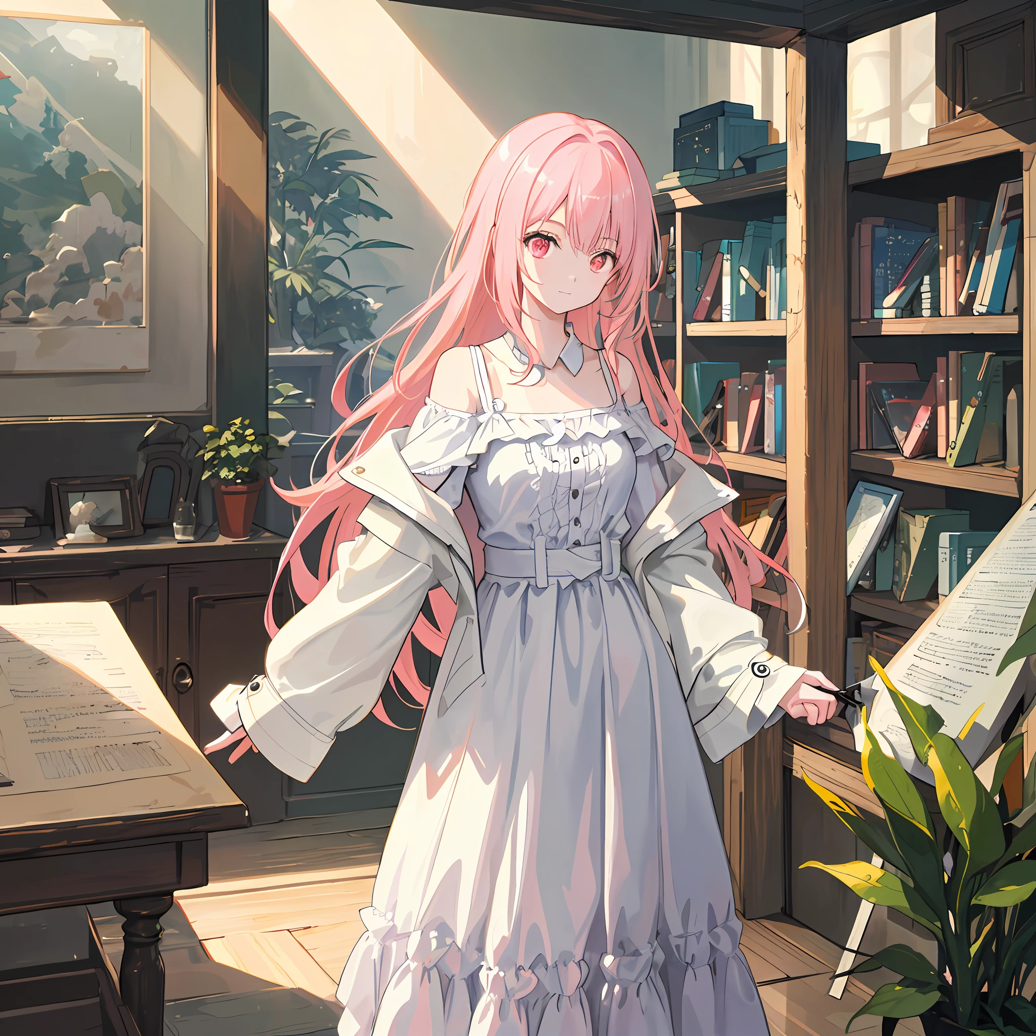 1 Girl, Solo, Lori, Petite, (very_long_hair), (pink_hair:1.2), Braid, (red_eyes), medium_breasts, (white_shirt:1.5), (trench coat), (off_shoulder:1.2), (portrait), glowing_eyes, background_light, (cityscape: 1.5), (neon_lights:1.2), (shh:1.2),(science), cyberpunk, ((masterpiece)), (high resolution), (best_quality), (highly_detailed), (raw), (exquisite background), (very detailed 8K wallpaper), cinematic lighting, volumetric lighting, light particles, shaded_face, beautiful_detailed_eyes,depth_of_ Field, perspective, a beautiful woman from a family of scholars, she stands in a library full of books and cultural artworks, shelves filled with various books, and various paintings and sculptures on the walls. Sunlight shone on her face through the window, making her look more lively and full of life. The style is photography, using a standard lens, with an aperture of f/2.8, a shutter speed of 1/125 sec., and an ISO of 200.
