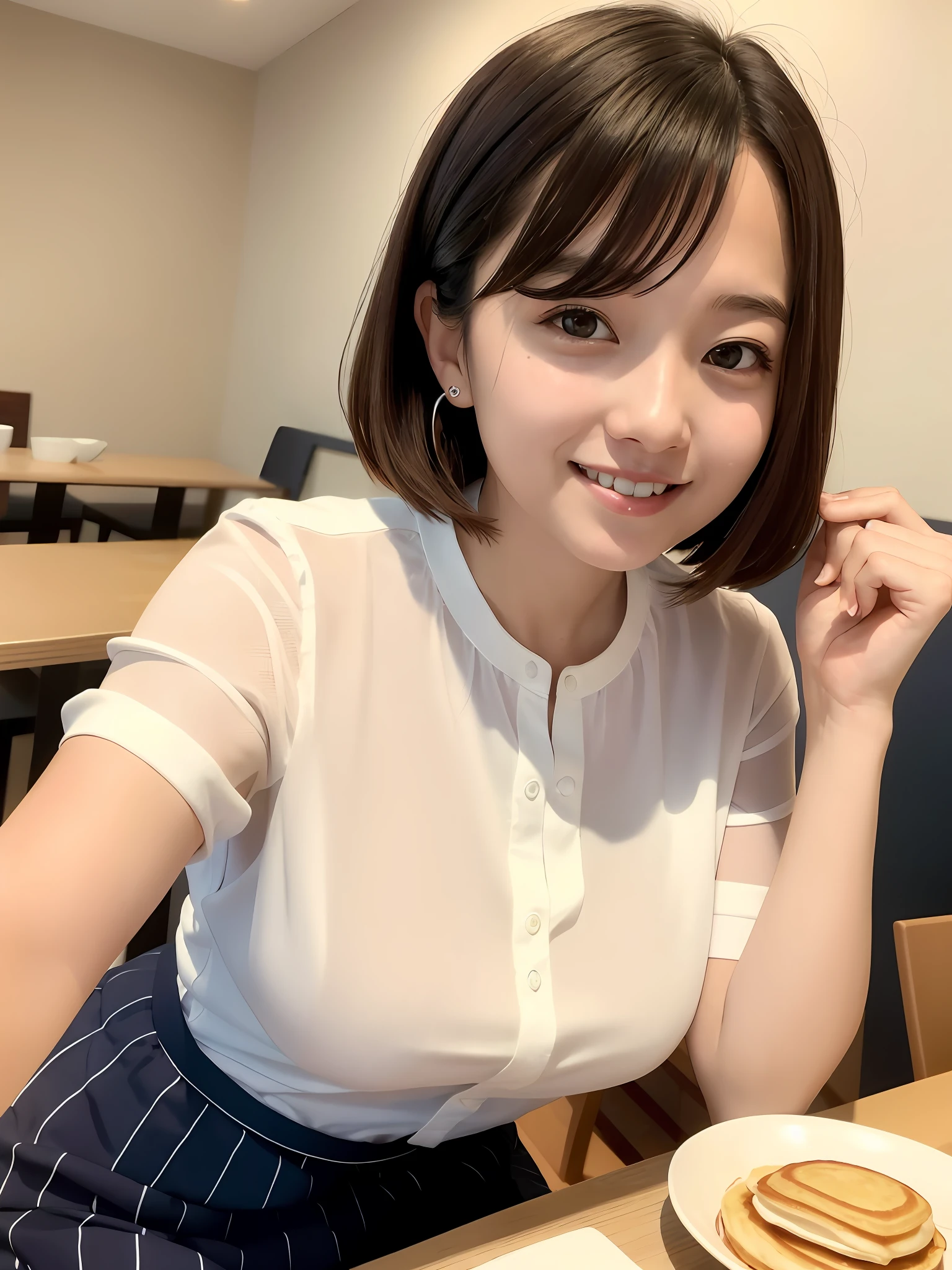 Close up portrait of smiling woman with white shirt, sweet smile, charming smile, cute smile, beautiful smile, beautiful smile, warm and gentle smile, sweet smile, beautiful Japan girl face, asian beautiful face, innocent smile, closeup of white shirt and smiling woman, lovely smile, sweet smile, charming smile, cute smile, beautiful Japan girl face, asian beautiful face, innocent smile, Arafe woman posing for photo, cute Japan actress, woman eating cake, mini skirt, smile, café, pancakes, Kona's café, big eyes, drooping eyes, angle from below, attractive inner thigh, 158cm, Haruka Momokawa, Japan person, wide shoulders, beautiful hands, café, lunch, Haruka Momokawa resembling, Haruka Momokawa herself, Haruka Momokawa and twins, drooping eyes, skin is clean, eating pancakes in a café, C-cup,