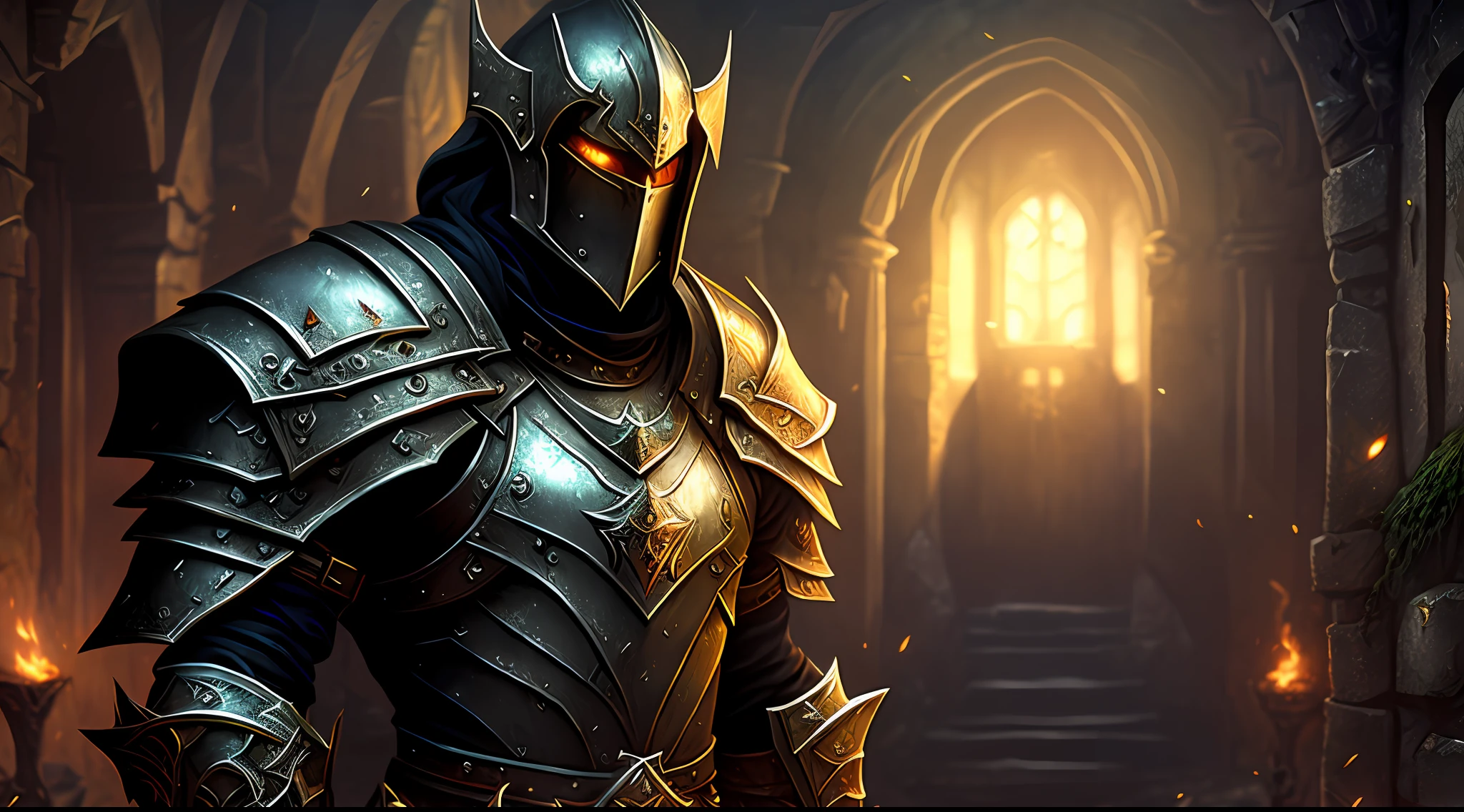 (8k unit wallpaper CG extremely detailed, masterpiece, best quality, ultra-detailed), (((solo)))), a dark medieval paladin and with rusty armor, looking at the viewer (upper body), (dynamic angle, dark eyes deep), (in a dungeon), cinematic light, edge lighting, best shadow