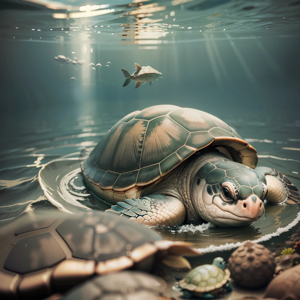 a turtle swimming in the middle of garbage in the sea --auto --s2