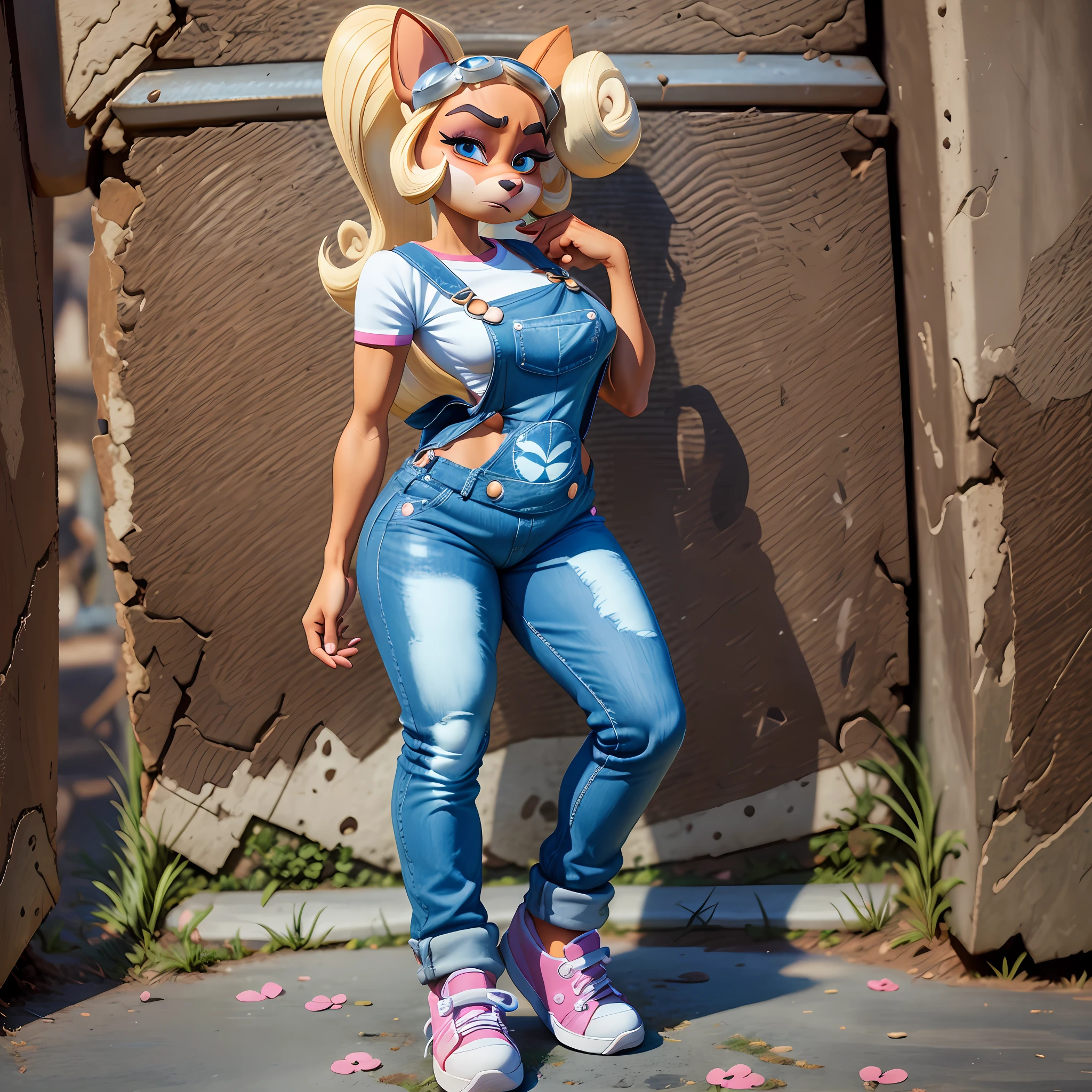 coco bandicoot, (Beautiful portrait:0.875), (adorable:0.945), (curvy figure:0.746), (medium breast:0.945), (thin waist:0.745), (wide hips:0.985), (animal ears:0.845), (animal snout (black nose):0.845), (overalls (1 strap, short pant legs, blue denim):0.975), (white shirt (pink lined clothes):0.865), (pink sneakers (white lined shoes):0.865), (solo:1.000), not human, bigger ass