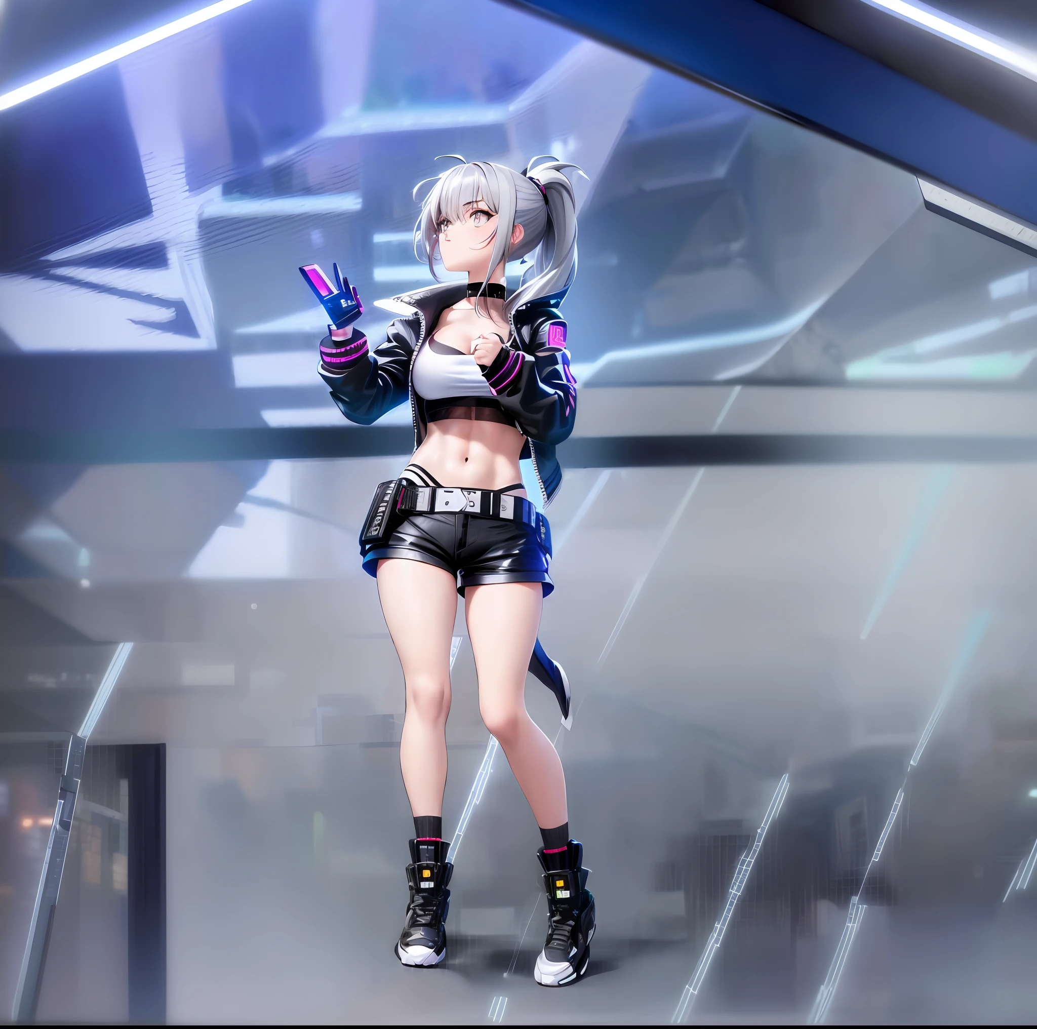 a , grey hair, ((ponytail)), ((grey eyes)), ((cyberpunk clothes)), cute face, standing, looking up, black gloves, wearing mini black shorts, wearing black top, croped top, wearing black jacket, ((mini jacket)), ((open jacket)), genshin impact style, fullbody, masterpiece, best quality, abs, ((big bust)), white mini shirt, ((open shirt)), open chest,