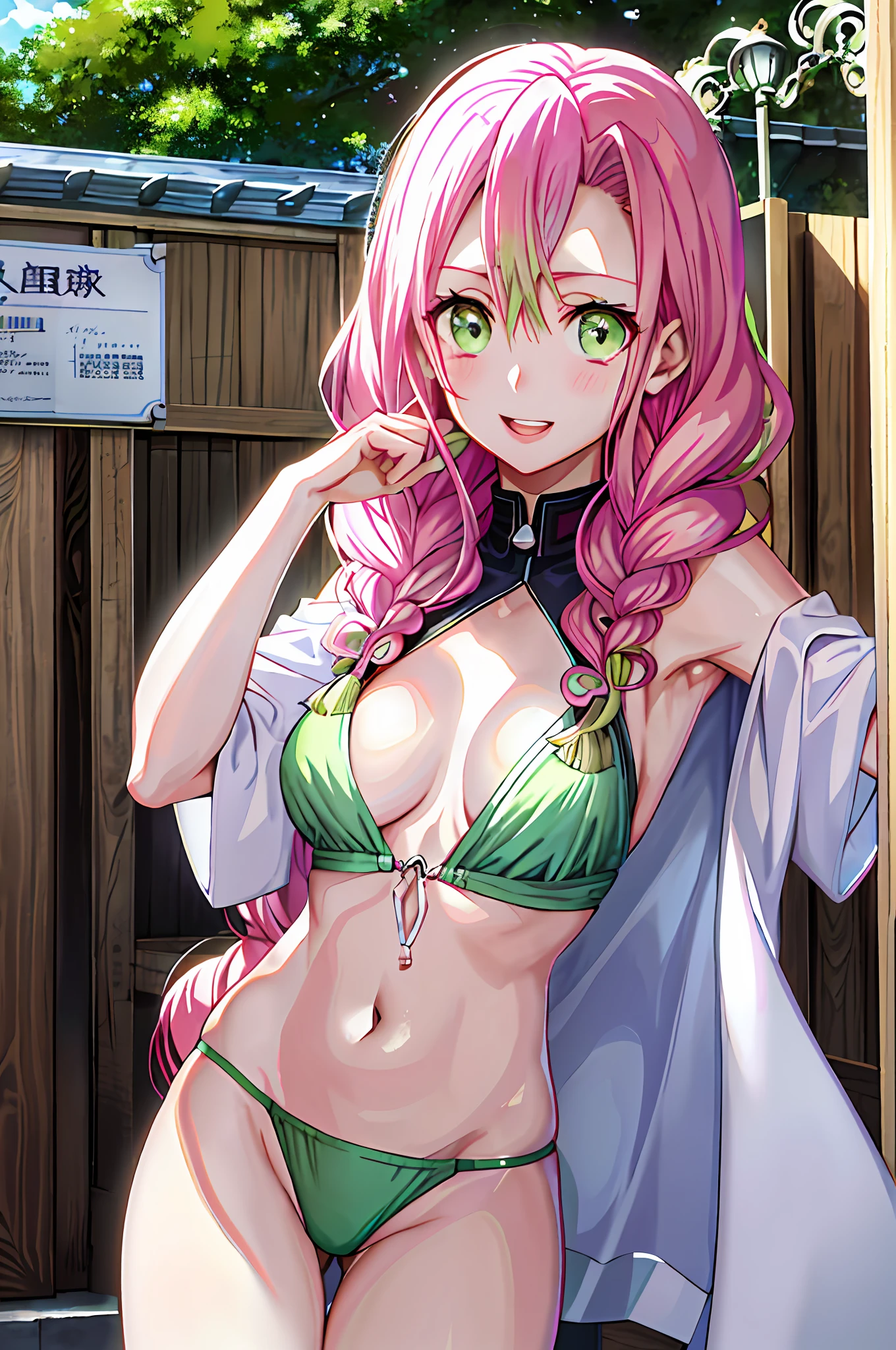 cartoon of a woman with pink hair and green eyes, shirabii, haruno sakura, illustrious makinami, inspired by Kamisaka Sekka, best anime character design, official character art, female anime character, anime character, shalltear from overlord, tsukasa dokite, demon slayer rui fanart, megumu okada, wearing swimming suit, oily skin lubricant skin perfect style perfect anatomy perfect composition realistic pupils highly details eye masterpiece best quality masterpiece sweat armpits hot, sexy pose, sweat on body, light skin tone, groin area, beautiful, thicc thighs,mom, mommy,milf, huge breasts