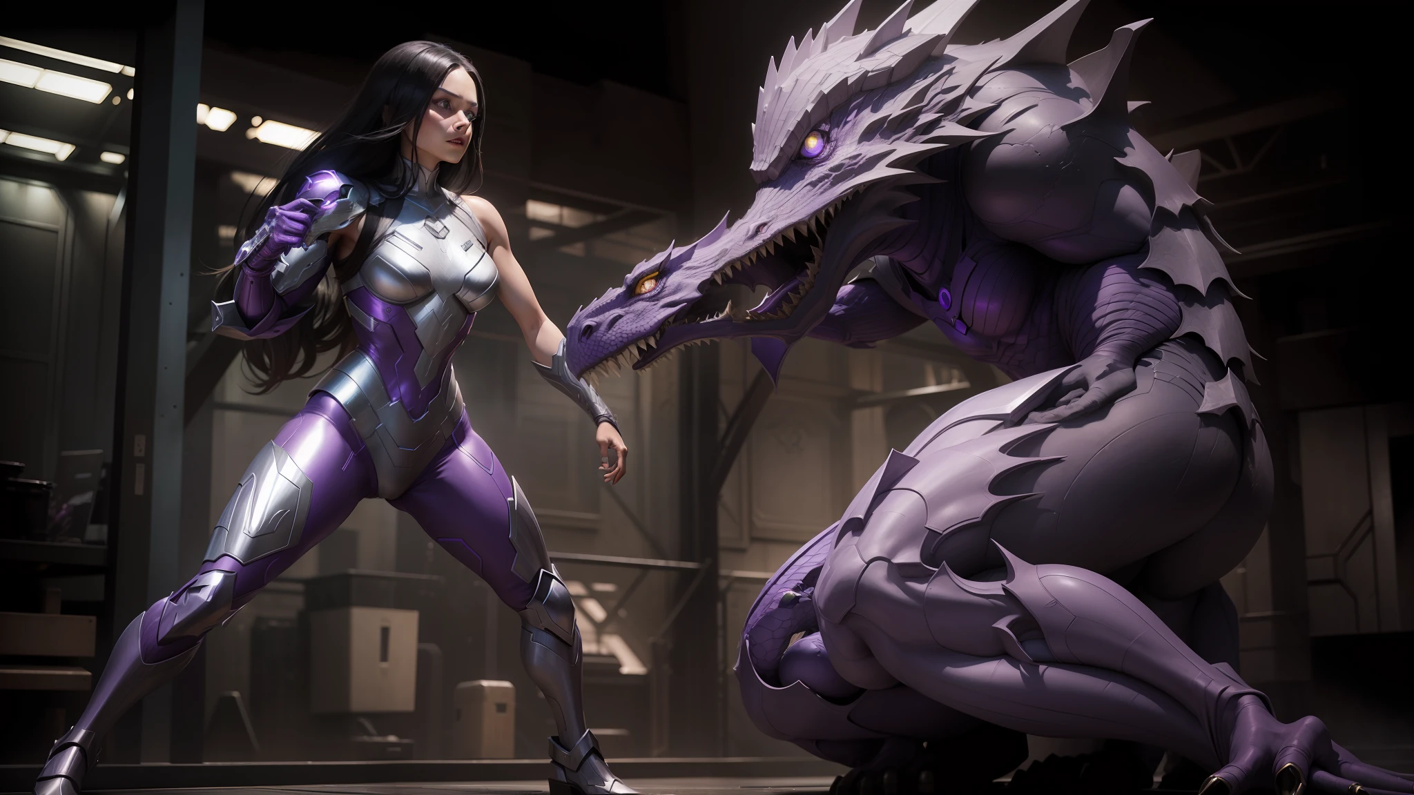 there is a woman in a silver suit standing next to a giant dragon, still from alita, purple body, physically - based render, marvel comics style, by Ben Enwonwu, combat stance, cgsociety ), cyborg woman --ar 16:9 --auto --s2