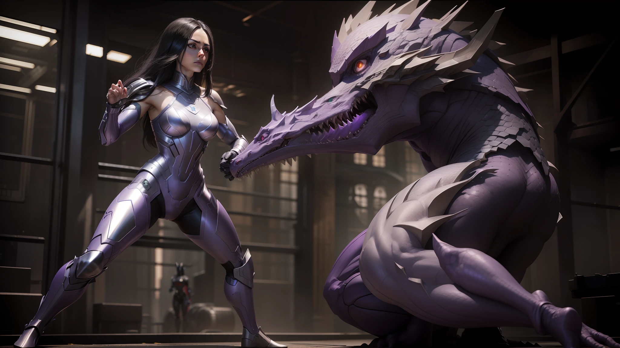 there is a woman in a silver suit standing next to a giant dragon, still from alita, purple body, physically - based render, marvel comics style, by Ben Enwonwu, combat stance, cgsociety ), cyborg woman --ar 16:9 --auto --s2